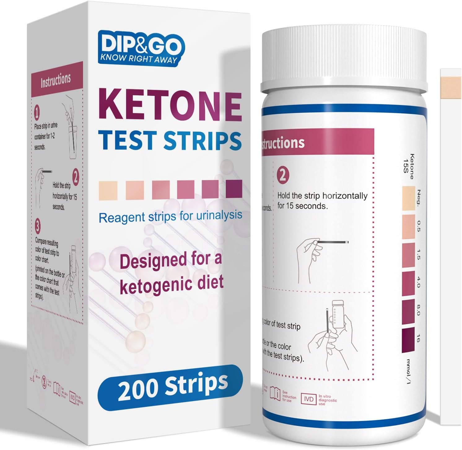 Ketone Test Strips: 200 Premium Keto Strips Urine Test for Ketosis on Ketogenic & Low-Carb Diets, DIP&GO Ketosis Home Urinalysis Tester Kit