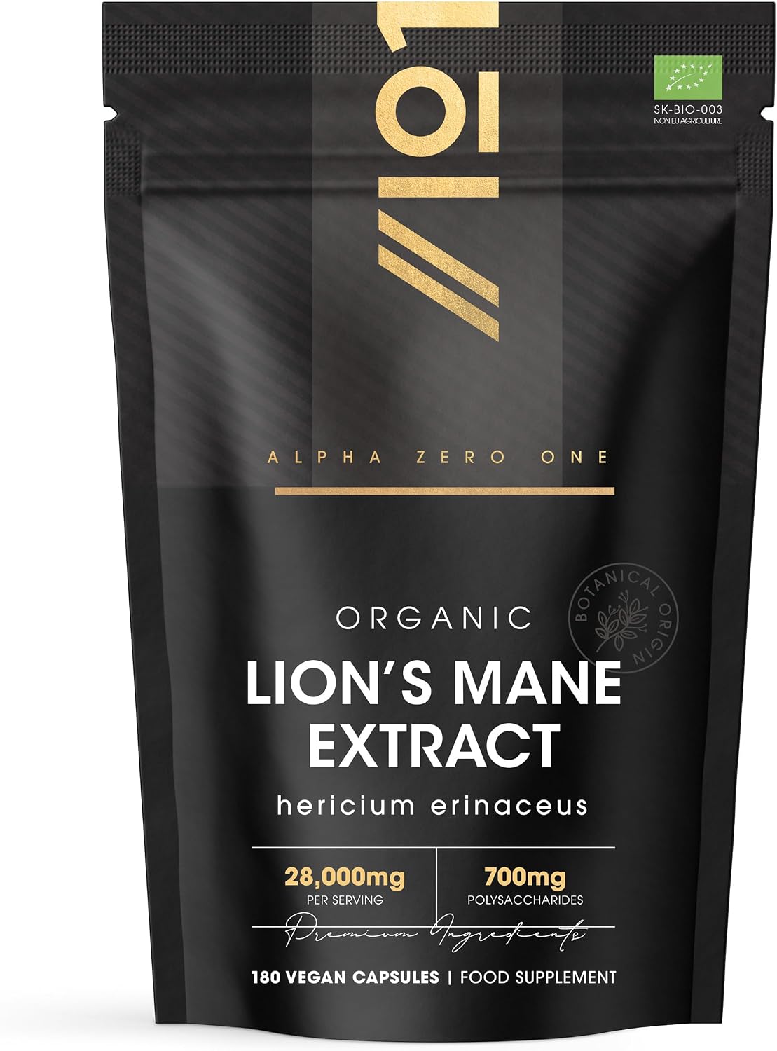 Organic Lions Mane Supplement 28,000mg – 50% Polysaccharides (700mg) – 180 Vegan Capsules – High Strength Mushroom Supplement – Resealable and Recyclable Pouch – by Alpha01