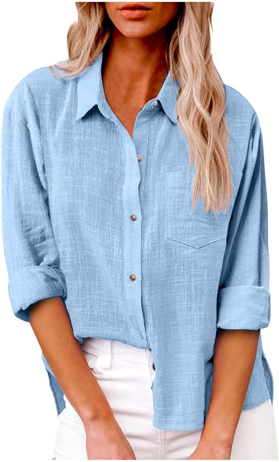 Womens Long Sleeve Shirt Tops Casual Button Down Cotton Linen Shirts Summer Blouses V Neck Roll Up Collared Loose Oversized Tees Dressy Blouse Office Work Ladies Tops Plus Size 8-22