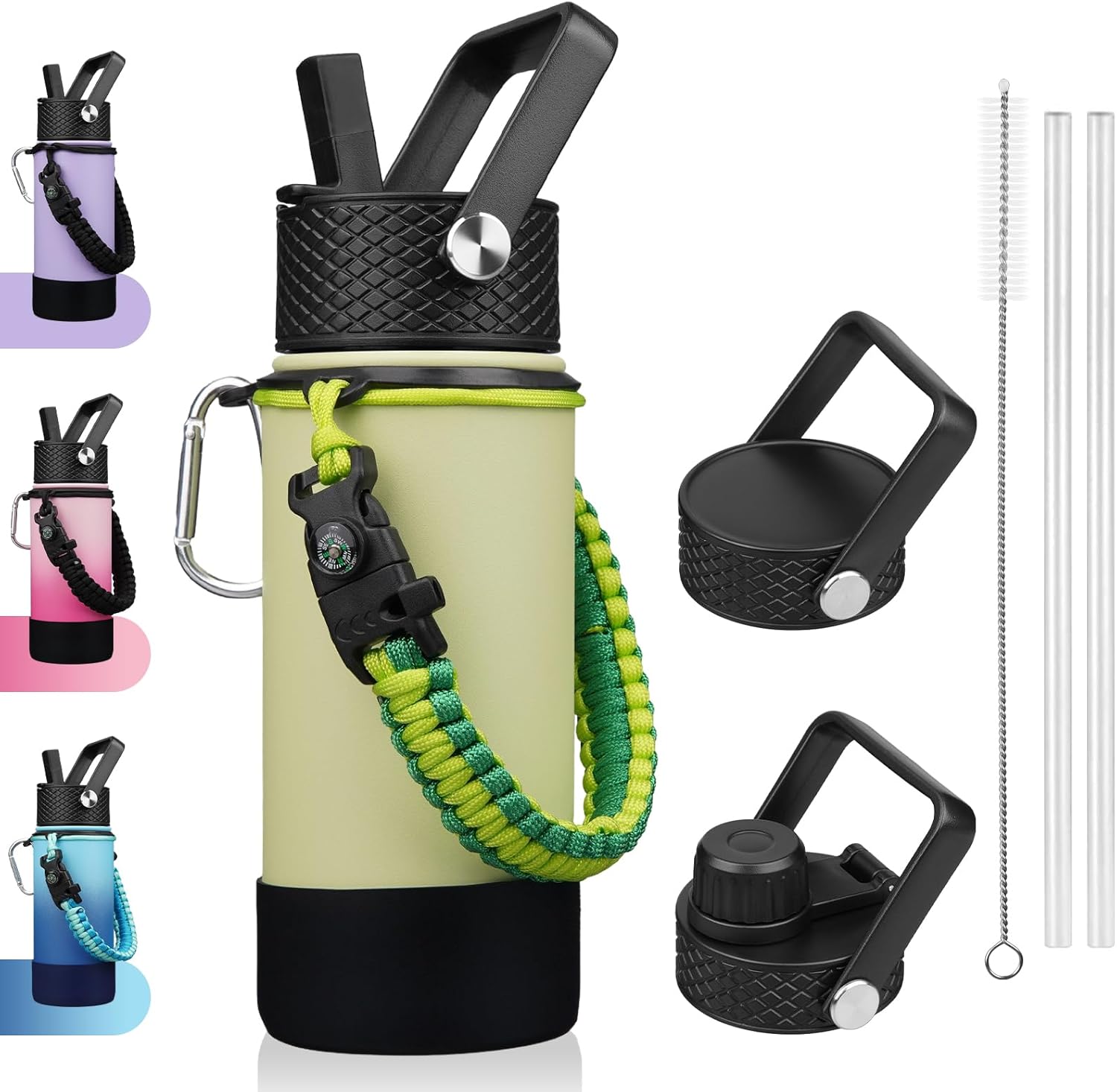 BJPKPK Water Bottle with Straw Lid, 18oz Insulated Water Bottles with 3 Lids, Paracord Handle & Non-slip Boot, Metal Stainless Steel Thermos, BPA Free Leak Proof Cups, Tumblers,Macaron Green