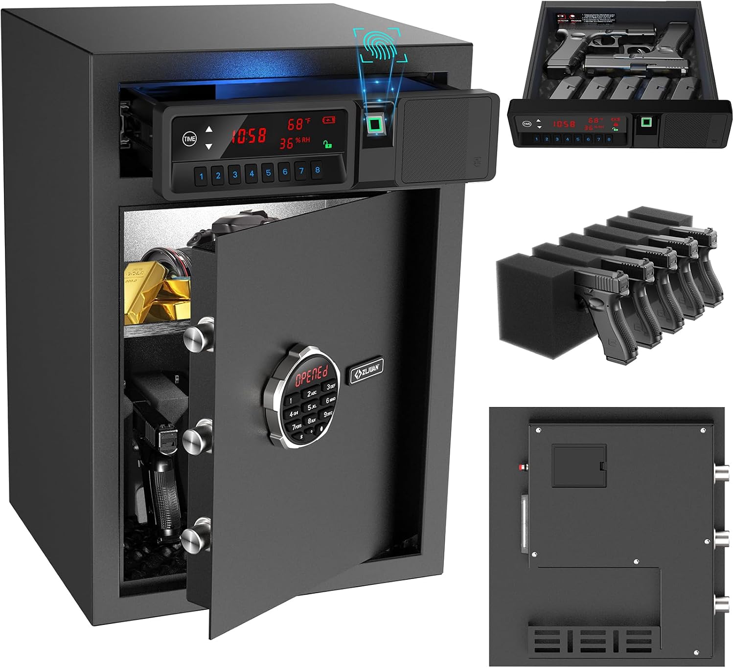 Z ZLJUAN Sliding-Away Drawer Safe with LCD Display of Temp,Humidity,Time,Home Security Electronic for Money Cash Valuables,Keypad Large Lock Box Cabinet Safes (2, Cubic Feet)