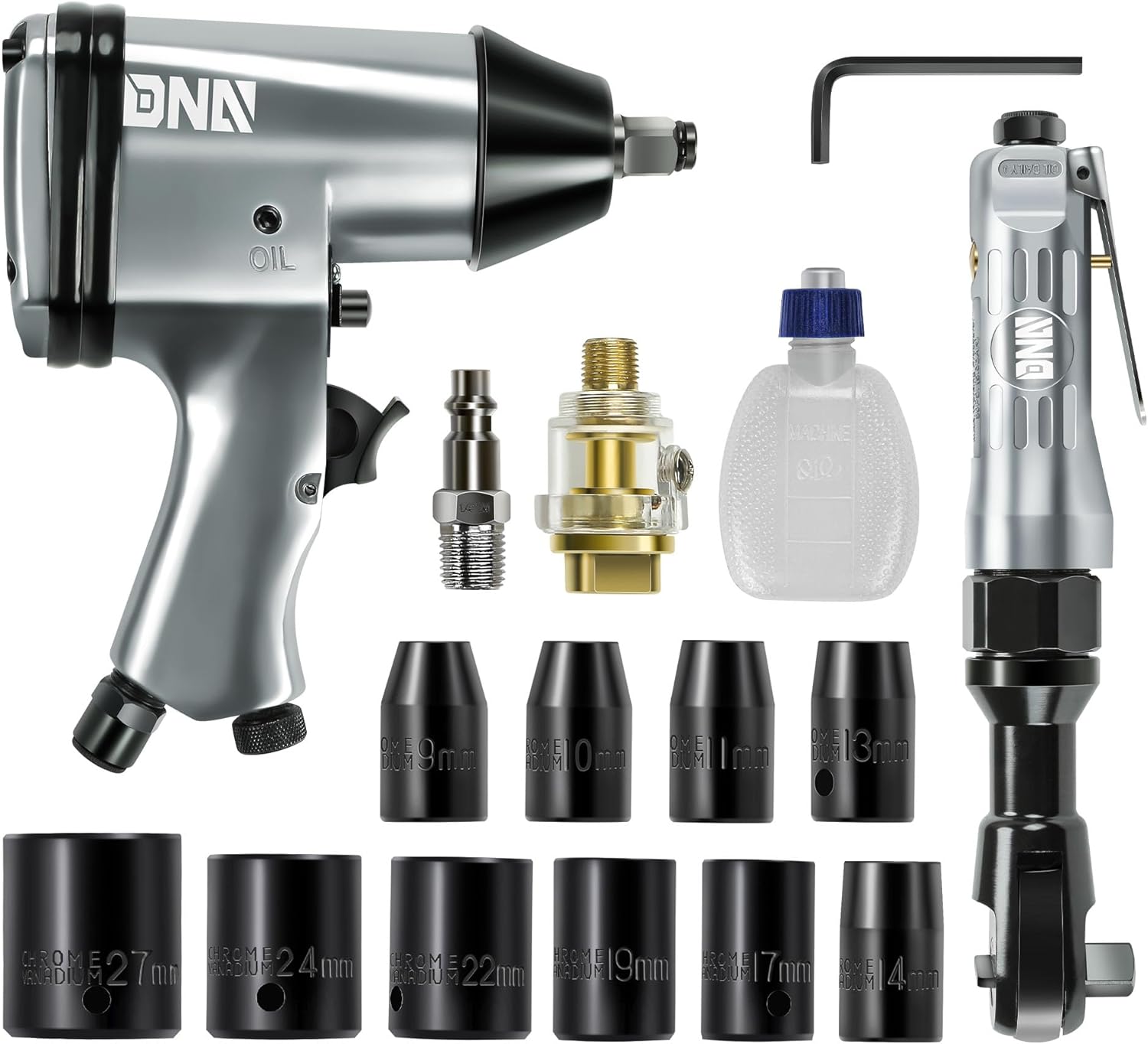 DNA MOTORING 17 Pcs Air Tool Kit 1/2-Inch Pneumatic Air Impact & Ratchet Wrench Kit Torque Wrench for Repairs, w/Case, Sliver/Black, TOOLS-00530