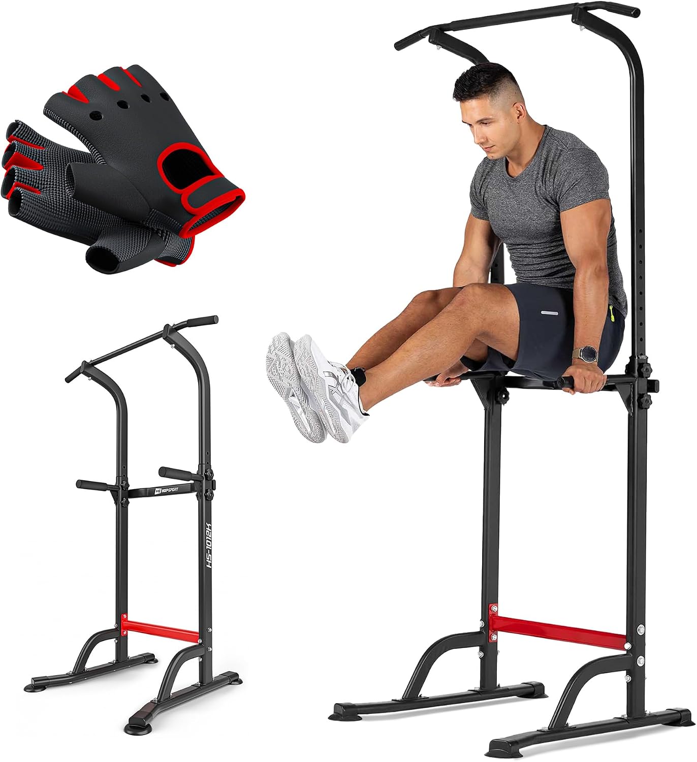 Hop-Sport Power Tower – Multifunctional Power Tower with Dip Station, Pull-Up Bar, Push-Up Handles & Adjustable Armrests – Home Gym Strength Station