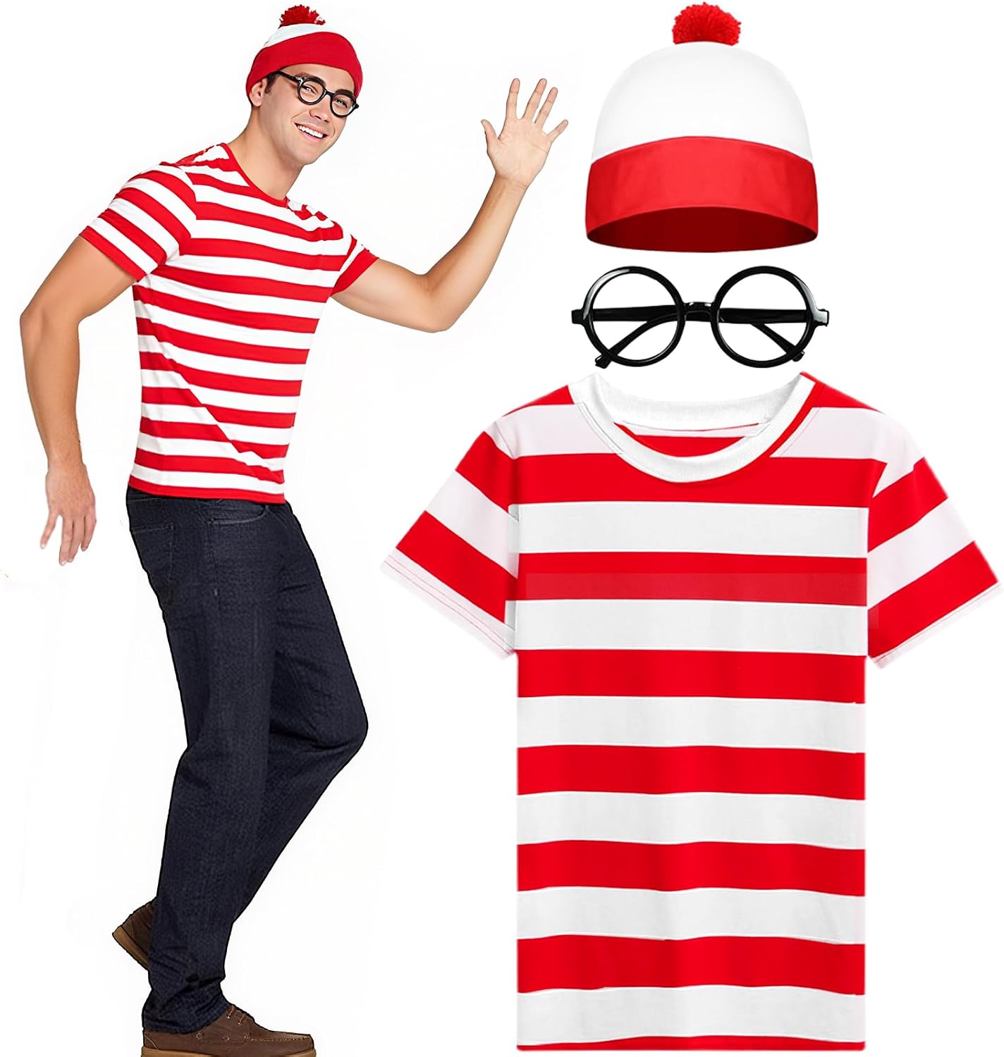 Wally Costume Set for Adult, Red and White Striped T-Shirt Accessories Set with Beanie Hat Black Nerd Glasses Party Cosplay Outfit for School Dress Up World Book Day Carnival (L)