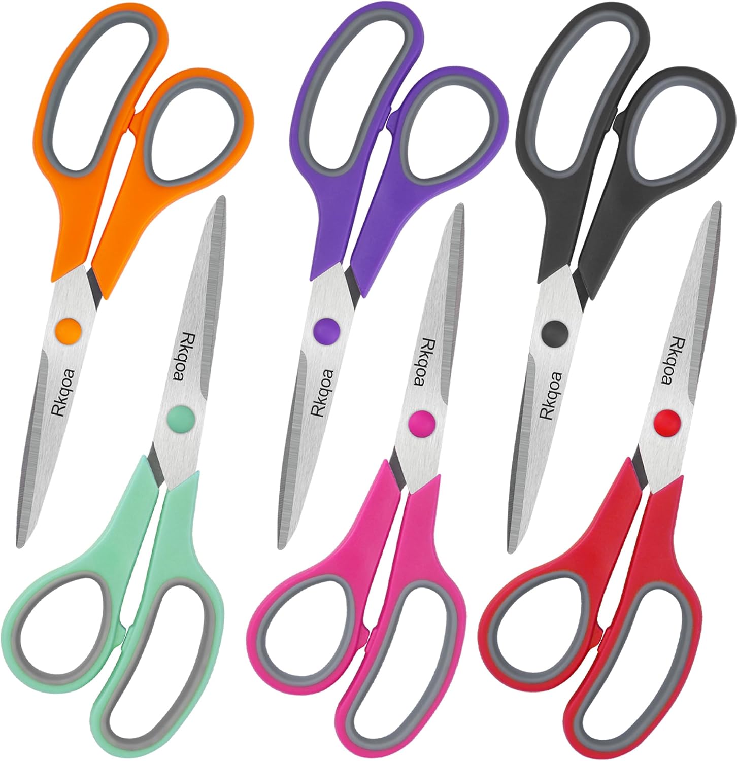 Scissors, Rkqoa 8" Scissors All Purpose 6 Pack - Comfort-Grip Sharp Scissors for Office School Sewing Fabric Craft Desk Supplies, Classroom Must have, Teacher/Class Scissors, Right/Left Handles