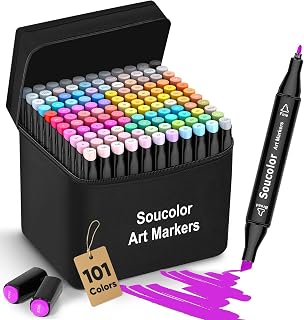 Soucolor Alcohol Markers Set, 101 Dual Tip Permanent Artist Coloring Markers for Adult Coloring Books, Sketching and Illustrations, Card Making Art Supplies Drawing Set with Case for Easy Storage