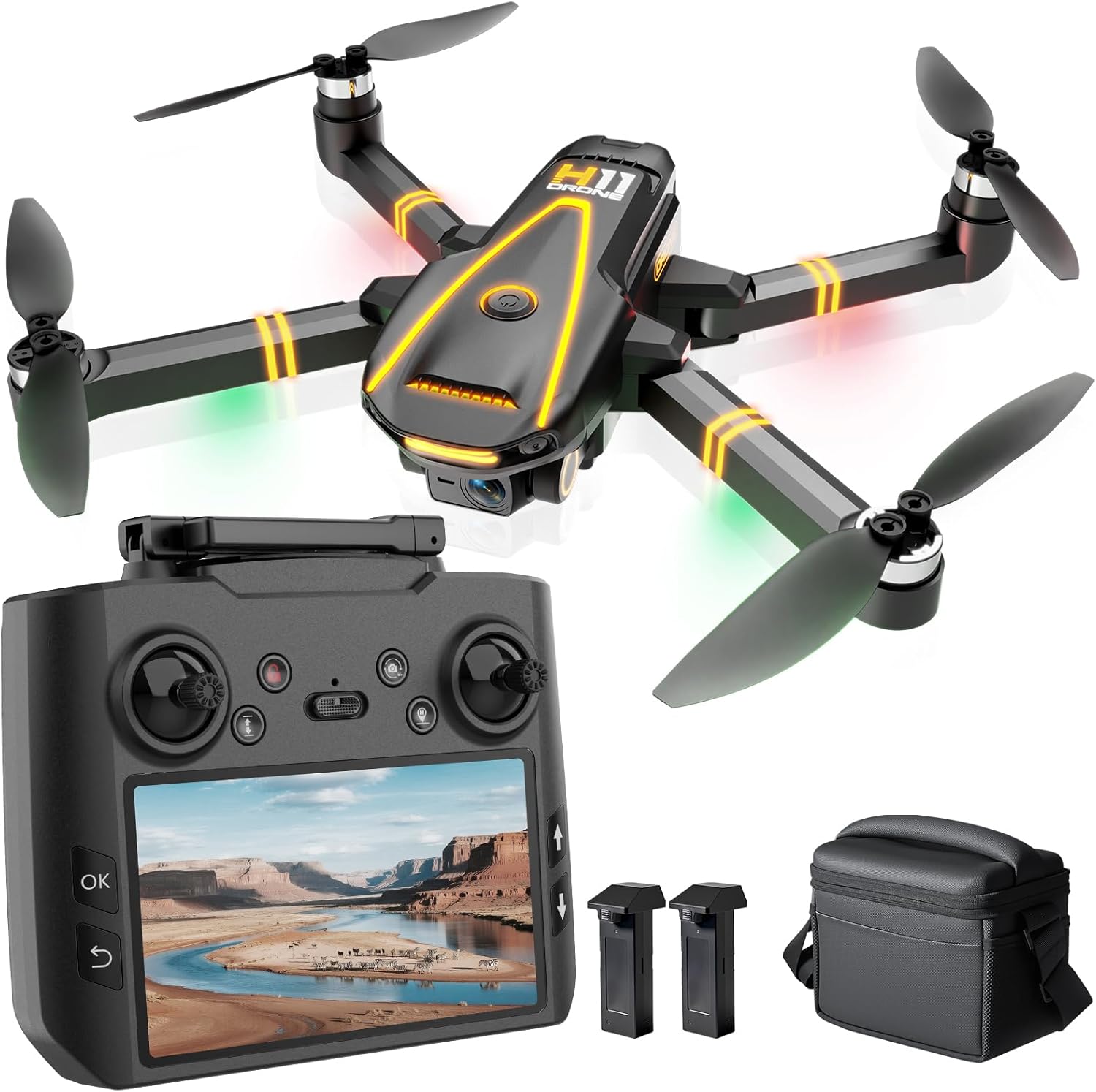 H11 GPS Drones with Camera 4k Professional for Adults & Kids (screen remote controller) RC Quadcopter, Follow Me, Brushless Motor, Auto Return, 2 batteries for 45 min Flight Time, Under 249g