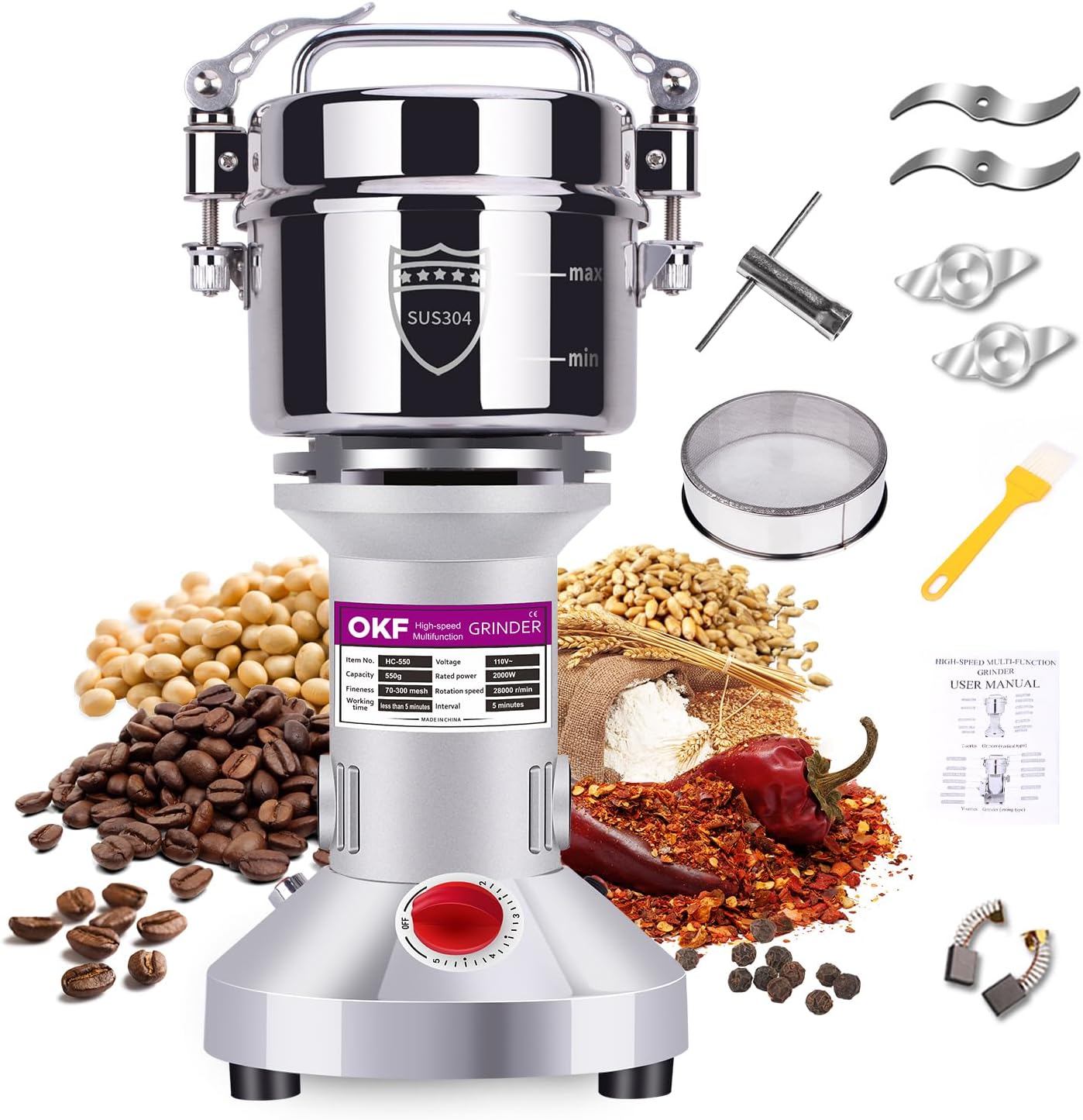 550g Grain Mill, 304 Stainless Steel Spice Grinder, 2000W High-speed Commercial Flour Mill, Superfine Flour Mill Grinder for Home, Grain Mill for Flour