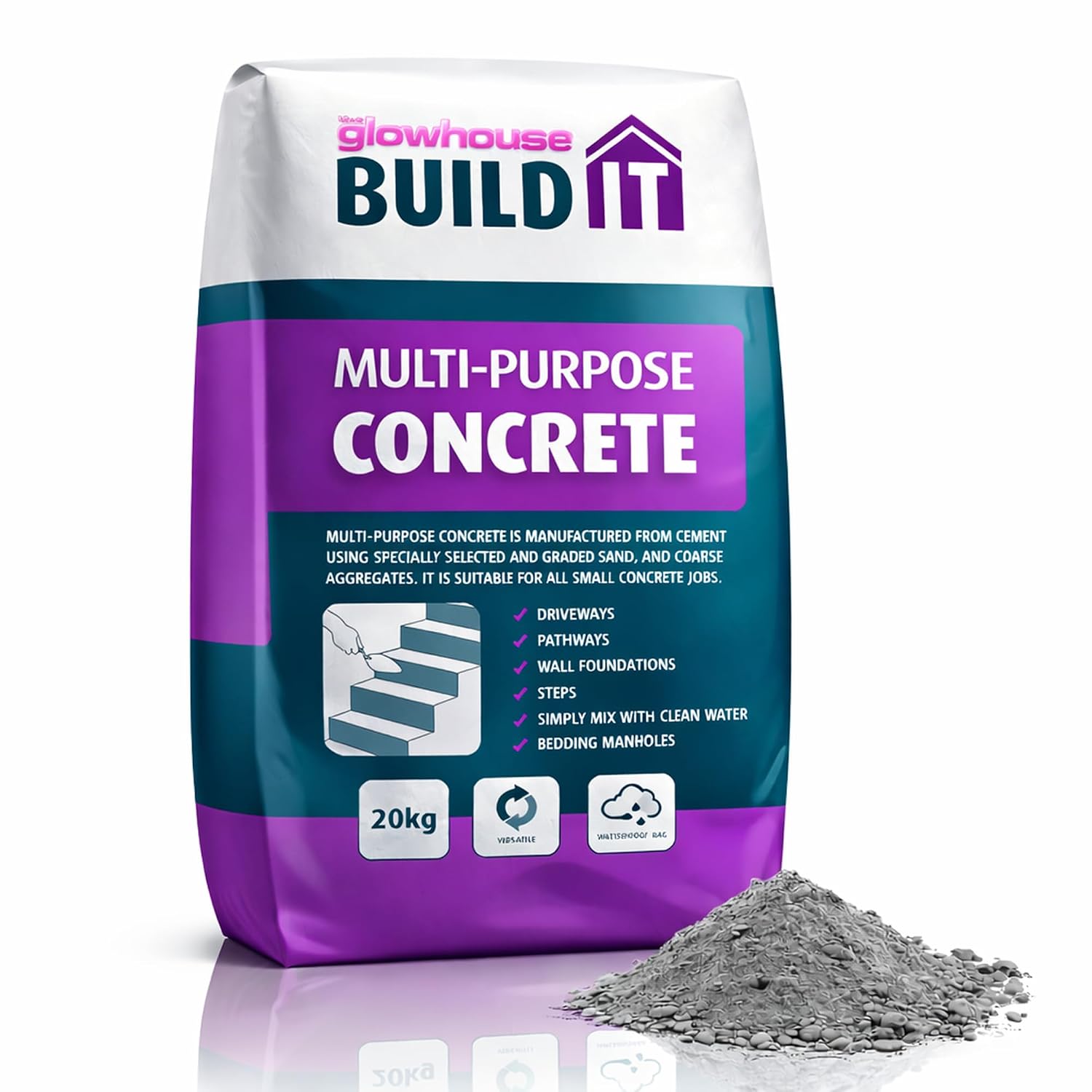 The Glowhouse 20kg Multi-Purpose Concrete Bag Ready Mixed, Just Add Water, Suitable for All Concrete Jobs, Driveways, Paths, Walls, Steps and more, Waterproof Bag 20kg