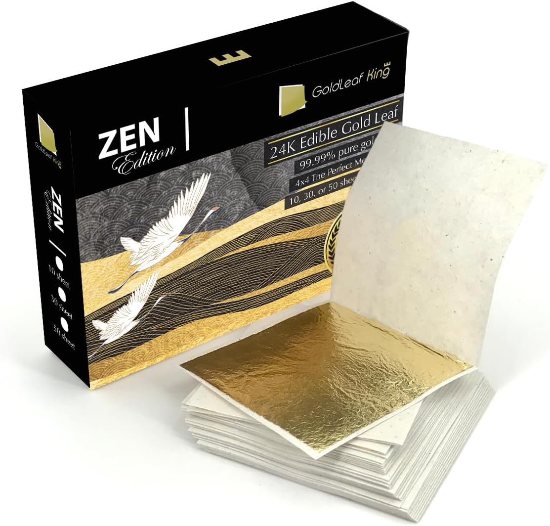 99.99% Pure Gold Edible Gold Leaf Sheet 24K GoldleafKing Zen Edition 10, 30, 50 Sheets Pack x 1.6 inches | 4x4cm The Perfect Medium Size (Zen Edition - 30 Sheet)