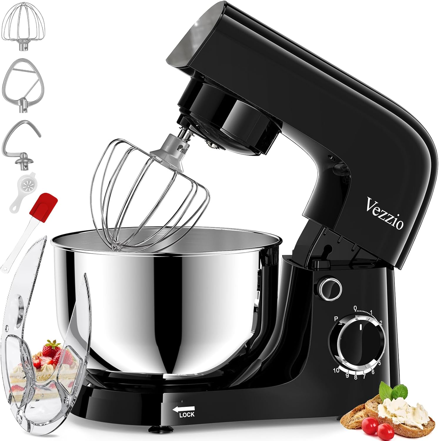 Vezzio Small Stand Mixer,4.5 liters Food Mixers for Baking,1500W 10-Speed Kitchen Cake Mixers,Electric Kitchen Mixers with Small form-factor, Easy to use and Lightweight(4.5L, Black)