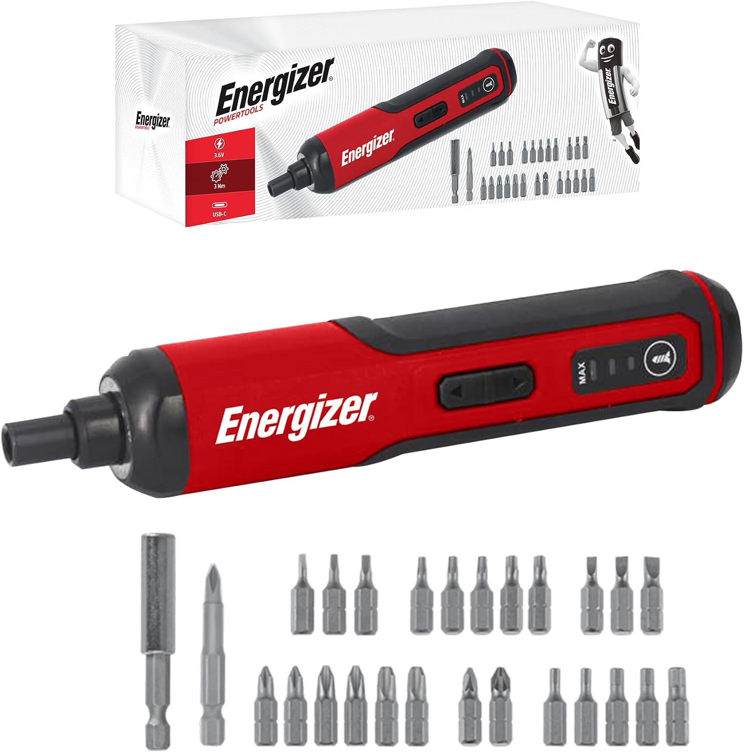 Energizer 3.6V Cordless Electric Screwdriver - Rechargeable Mini Power Screwdriver with Bit Set - Compact Portable DIY Tool for Flat Pack Furniture Assembly & Home Repairs, Black/Red