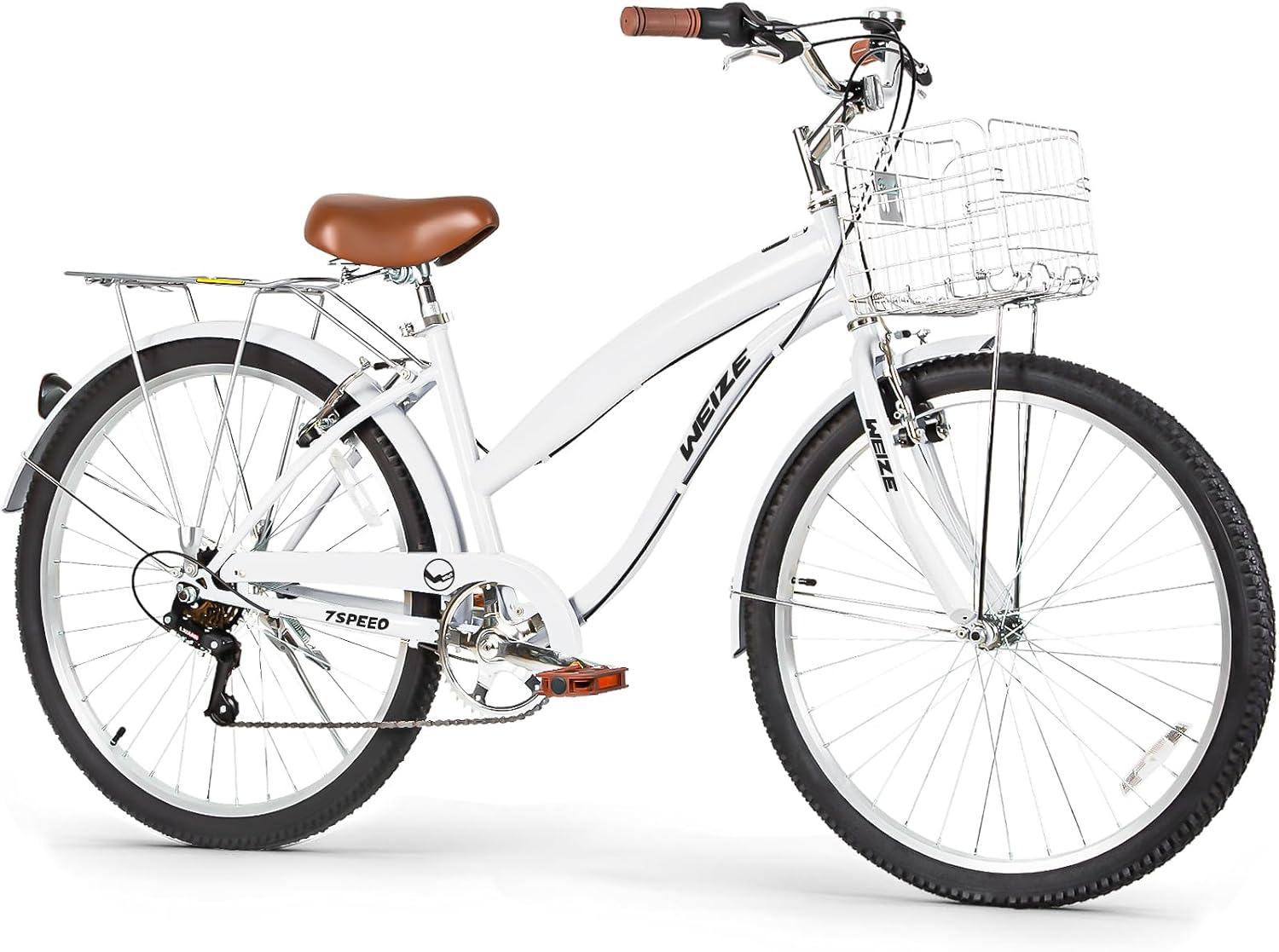 WEIZE Beach Cruiser Bike, 26 inch Commuter Bicycle for Adult Men and Women, 7-Speed/High-Carbon Steel/Front & Rear Fenders, Comfortable City Bikes with Rear Rack&Basket, Ergonomic Upright Design,White
