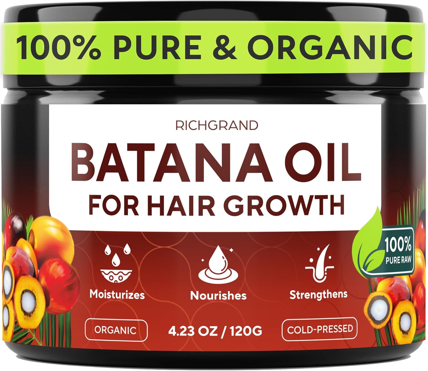Batana Oil for Hair Growth - 100% Raw & Organic Dr Sebi Batana Oil - Cold-Pressed & Pure Unrefined Batana Hair Mask for Women & Men - Enhances Hair Thickness, Prevents Loss, Repairs Split Ends