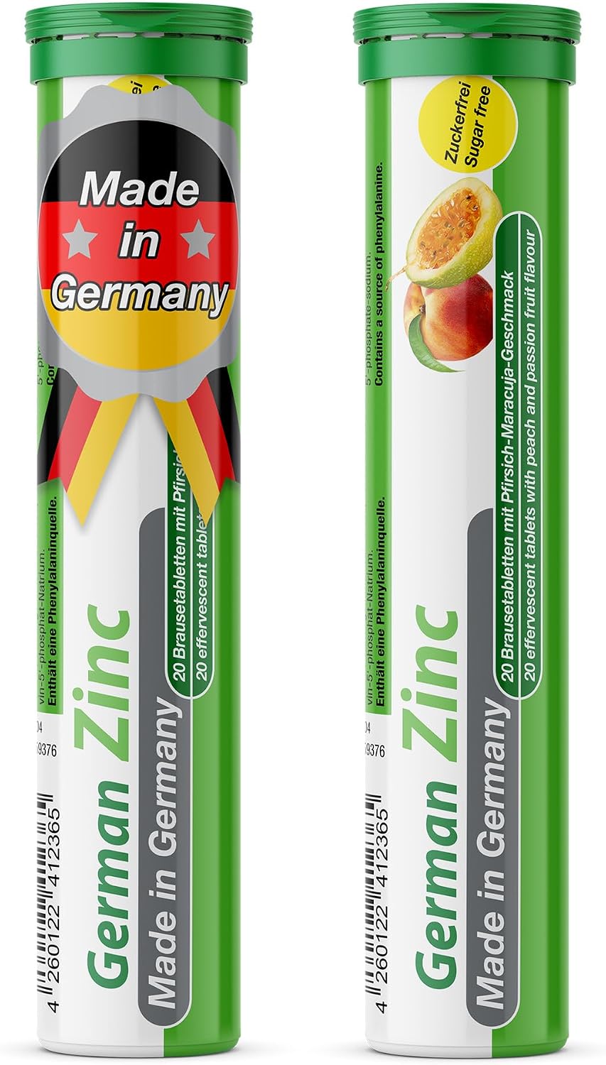 Zinc 5 mg - 2 x 20 effervescent Tablets - Peach and Passion Fruit Flavor - T&D Pharma German Magnesium - Made in Germany