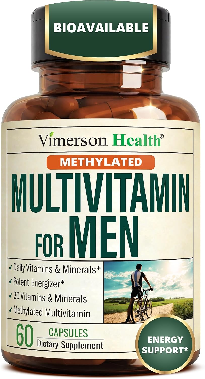 Vimerson Health Multivitamin for Men: Methylated B Vitamins, Chelated Minerals and Bioavailable D3 for Focus and Energy Support – Daily Mens Multivitamins and Multiminerals – 60 Capsules
