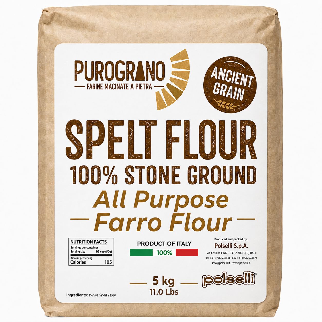 POLSELLI PuroGrano, Spelt Farro Flour, 100% Stone Ground, Whole Grain, 5 kg | High-Protein Stone-Ground, Ancient Whole Grain For Bread, Pizza, Pasta And Pastries, Unbleached, Unbromated And No Additives.