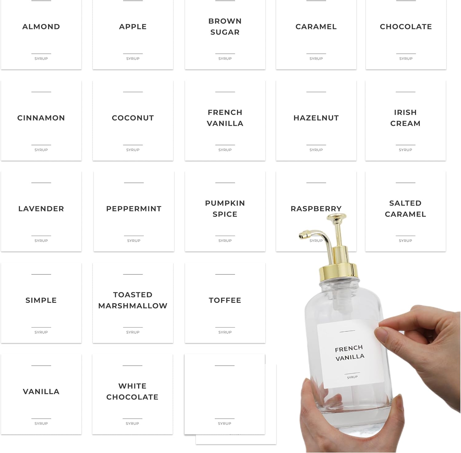 Coffee Syrup Labels for Bottles, Syrup Dispensers - 2.5" x 2.5" Waterproof & Durable PVC Stickers - Modern Coffee Bar Essentials for Home, Kitchen, Beverage Station - Minimalist White, 22pcs