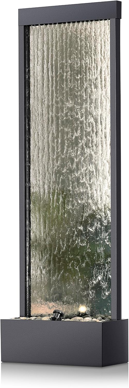 Alpine Corporation Mirror Waterfall Fountain with Stones and Lights - Zen Indoor/Outdoor Decor for Office, Living Room, Patio, Entryway - 72 Inches