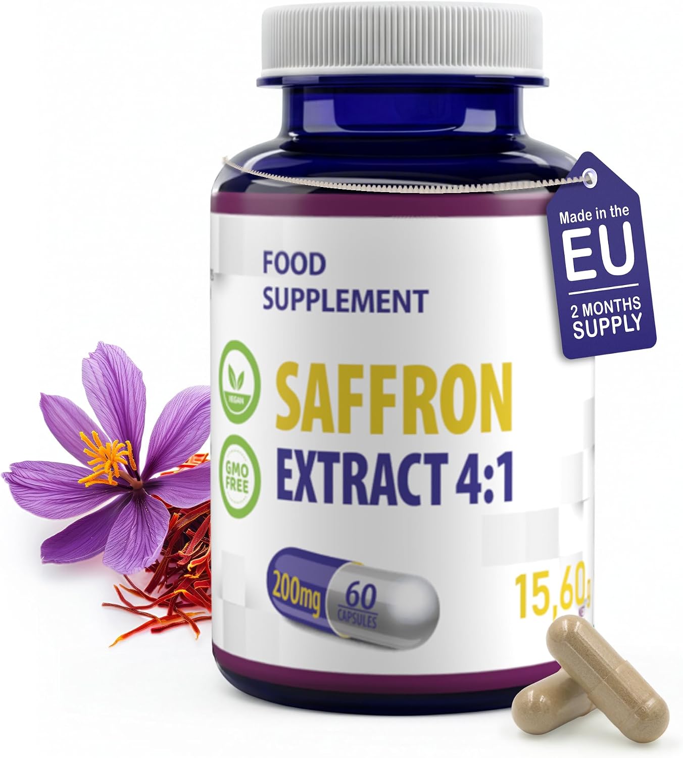 Hepatica Saffron Extract (Crocus Sativus) 800mg Equivalent | 200mg 4:1 Stigma Extract | with Safranal & Crocin | 60 Vegan Capsules | 3rd Party Lab Tested