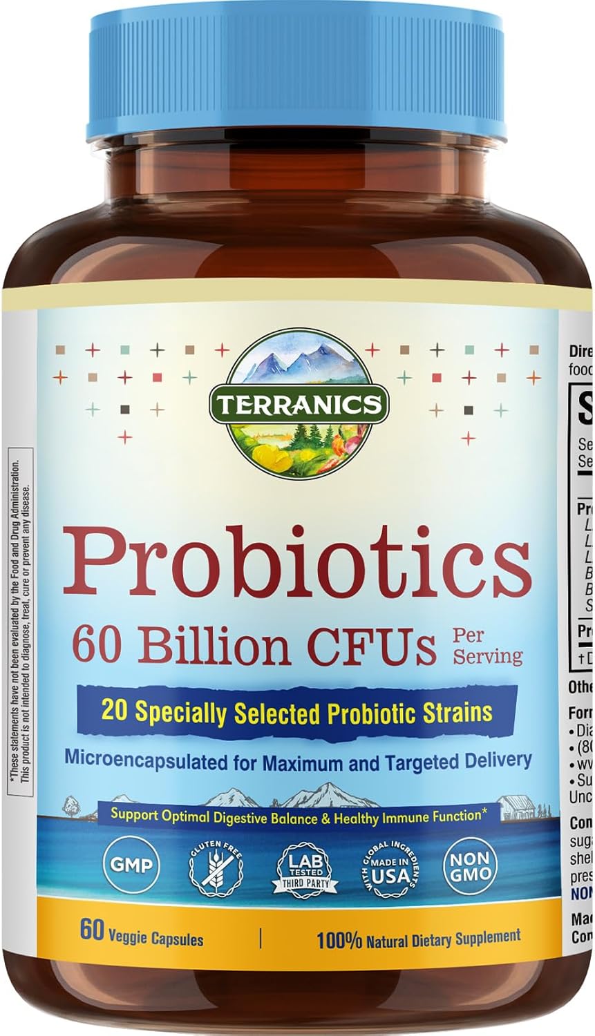 Terranics Probiotics 60 Billion CFU, 20 Strains, 60 Veg Capsules, Prebiotics & Probiotics, Shelf Stable Probiotic Supplement for Men & Women, Digestive & Immune Health, Non-GMO, NO Soy, Dairy & Gluten