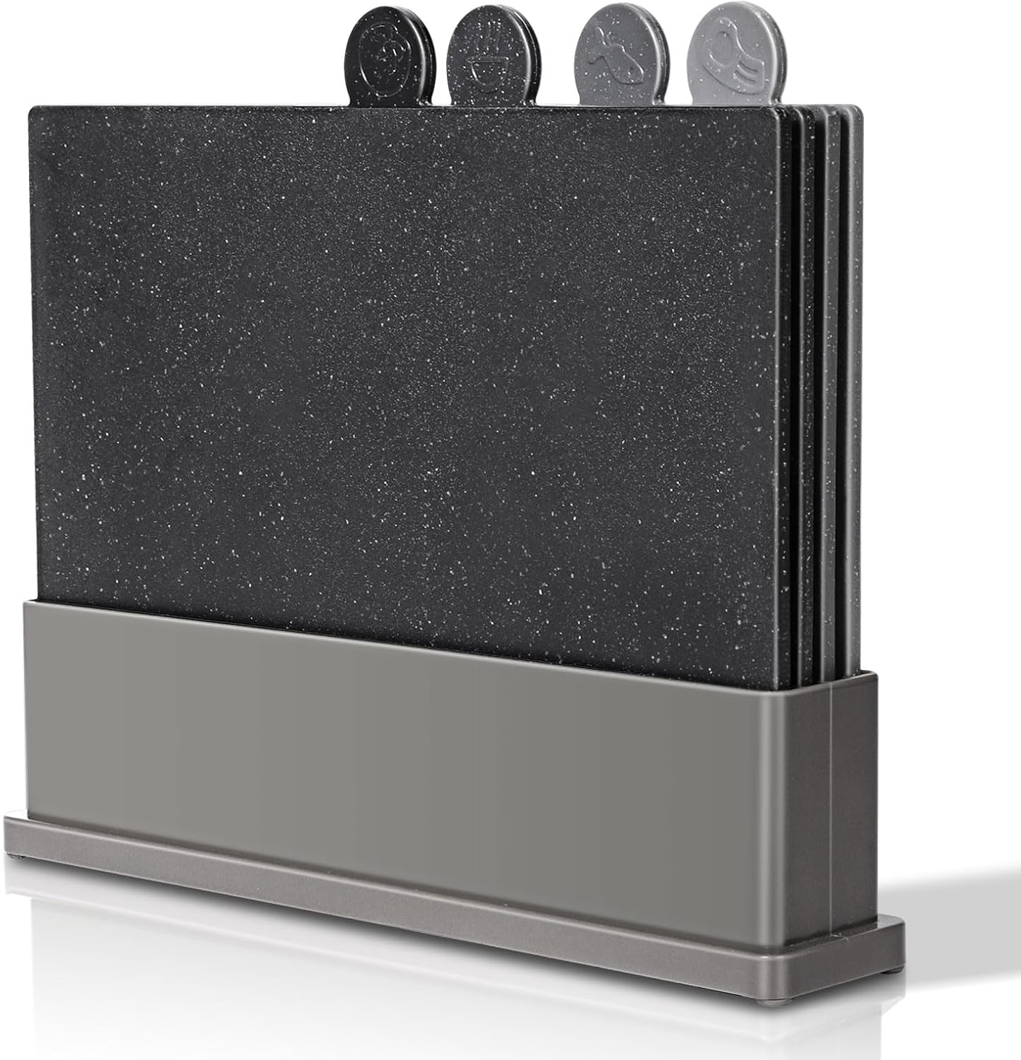 MASTERTOP 4pcs Chopping Board Set with Storage Stand, Index Tabs, Black | Colour Coded,Dishwasher Safe,Separate Cutting Boards for Meat Fish Veg Cooked,Food-grade Knife-friendly Plastic,Space-saving