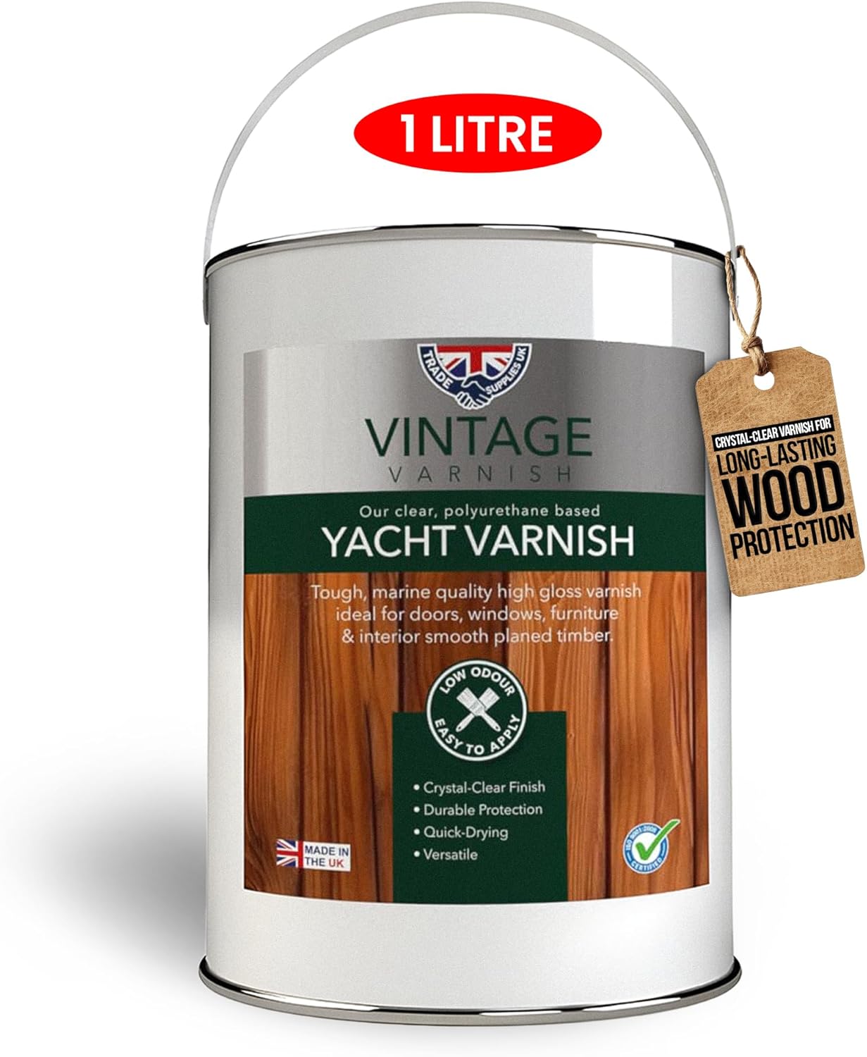 Vintage Varnish Clear Yacht Polyurethane Varnish - Marine-Grade, UV-Resistant, High-Durability, Crystal-Clear Gloss Finish for Wood Protection 1L