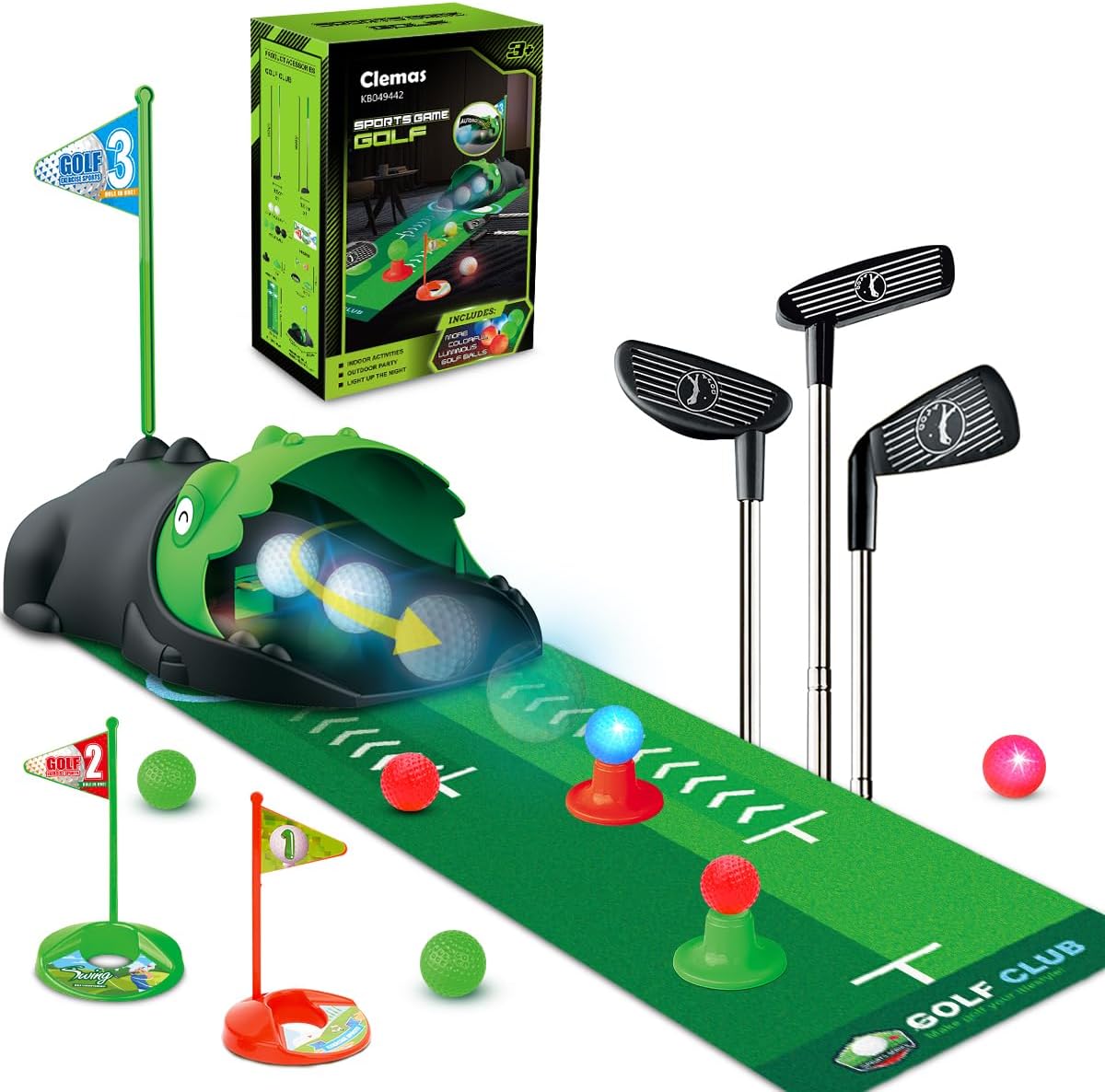 Clemas Upgraded Kids Toy Golf Set with Automatic Ball Returner, Led Light Up Golf Balls, 3 Clubs, Putting Mat, 3-5 Toddler Mini Golf Games, Indoor Outdoor Sport Toys Gifts for Boys Girls Aged 3 4 5 6