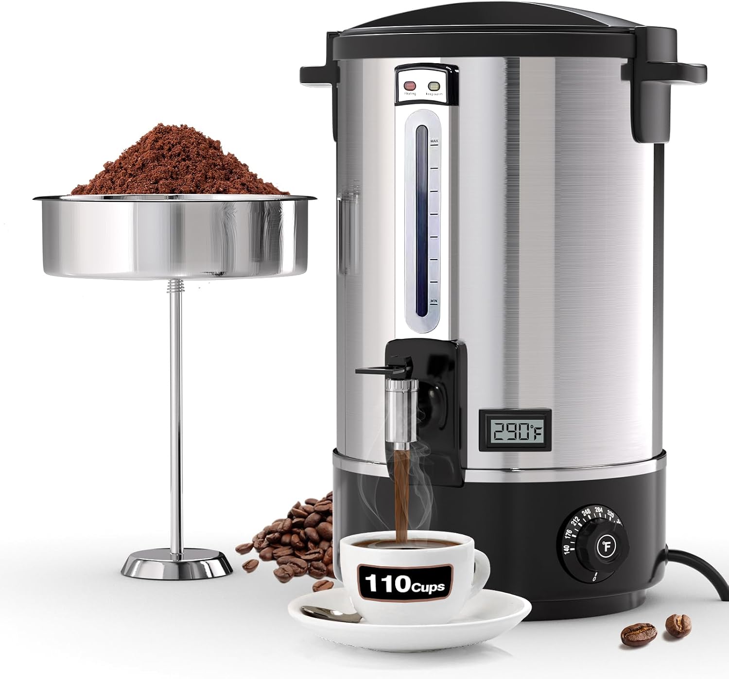 Commercial Coffee Urn, 110-Cup 16L Fast Brew Stainless Steel Hot Beverage Dispenser with Thermometer-Electric Hot Water Urn for Wedding, Party, Catering Events with Easy Cleaning(Double Wall)