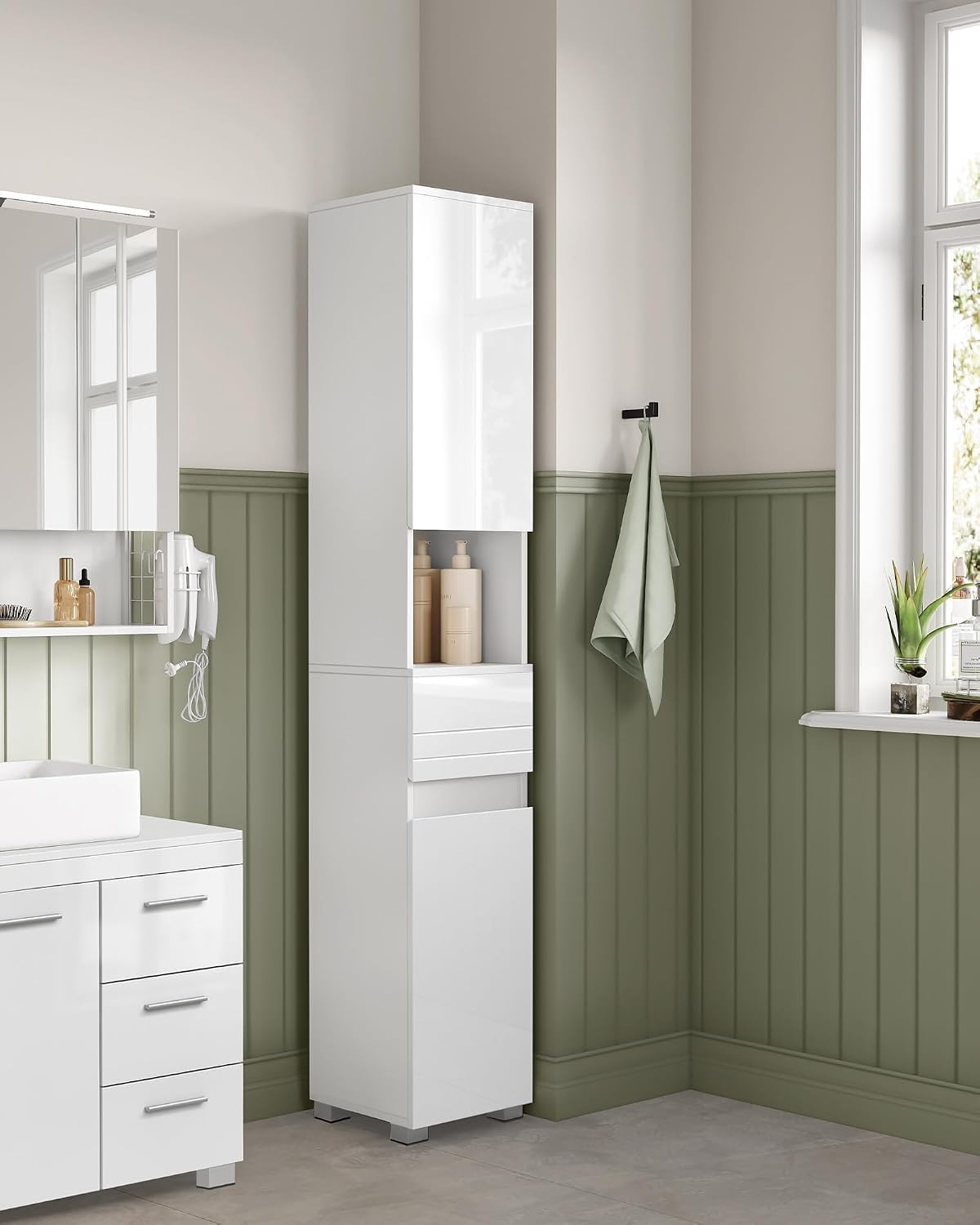 VASAGLE Tall Bathroom Cabinet, Slim Storage Cabinet, Narrow Cupboard, Bathroom Storage Unit, with a Drawer, Adjustable Shelves, 30 x 30 x 170 cm, White BBC560P31