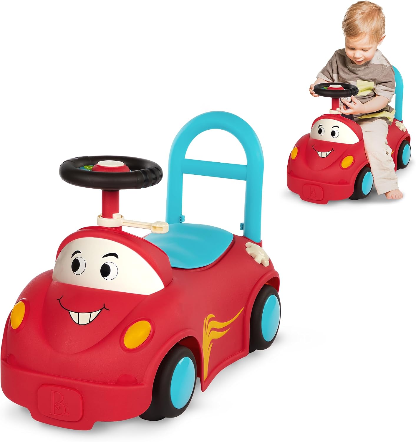 B. toys – Push CarToy – Ride – On Race Car – Walker Toy – Handle & Storage Space – Lights, Songs & Sounds – 1 Year + – Rollin' Riders – Freddy Zoom