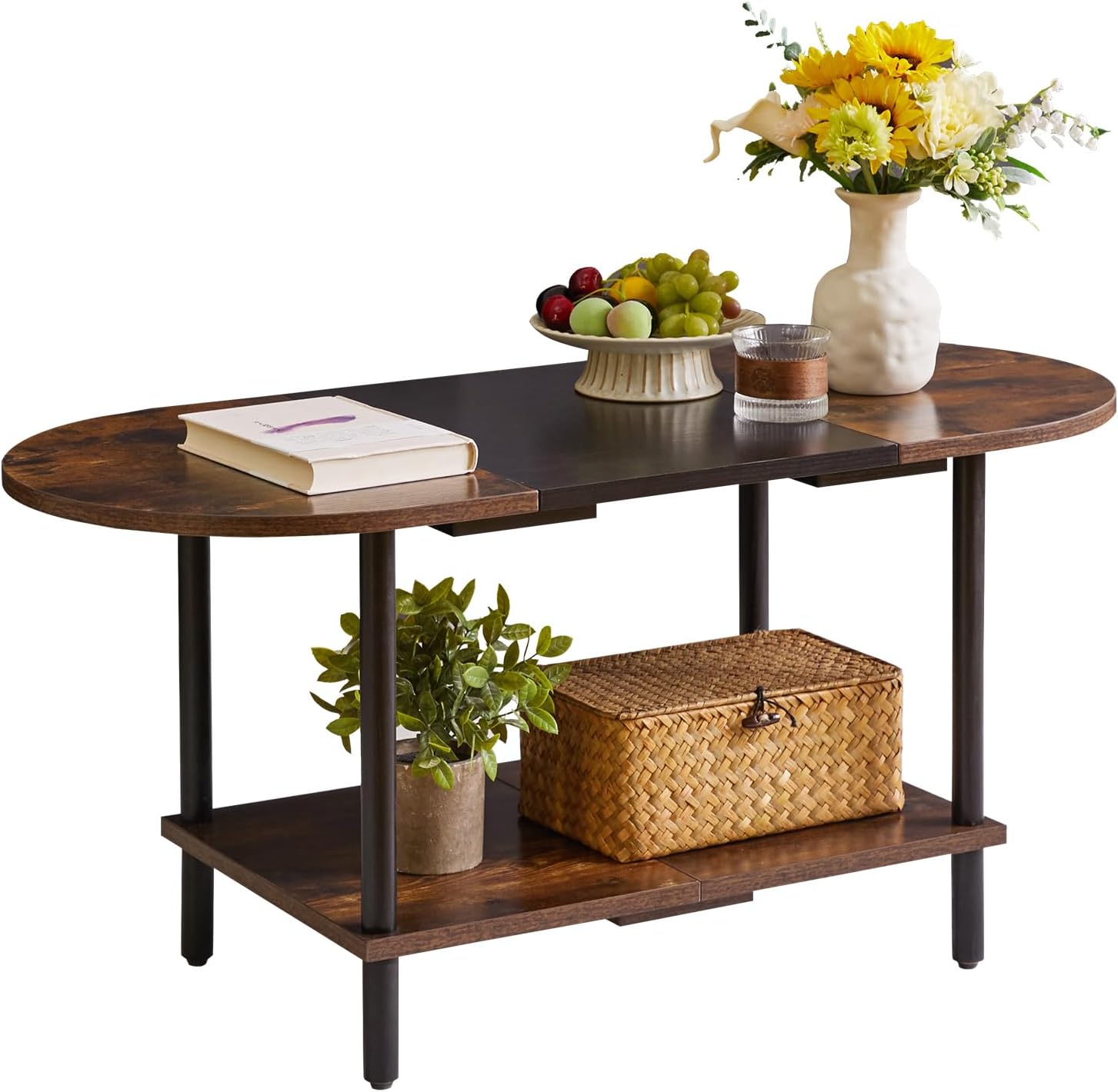 Aibiju Coffee Table, Oval Center Table, Industrial Side Tea Table for Living Room Home Furniture, 35x16x17inch Modern Style, Rustic Brown+ Black+ Black Legs, YD-011BH