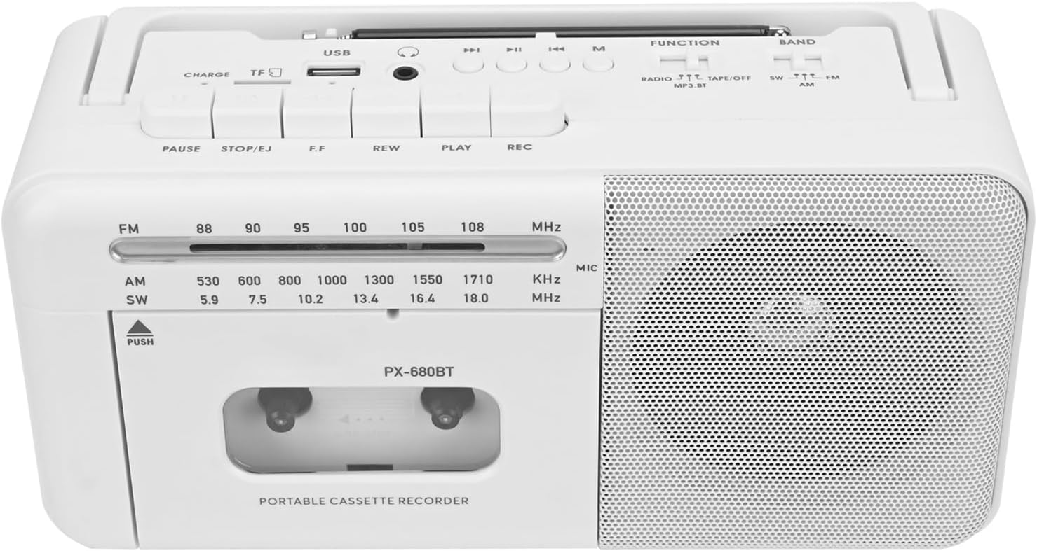 Lychee Portable Tape Recorder, Vintage Cassette Recorder with AM/FM/SW Radio, Built-in Speaker, AC/DC/3.5mm Headphone Jack, Support TF Card/USB Input (White)