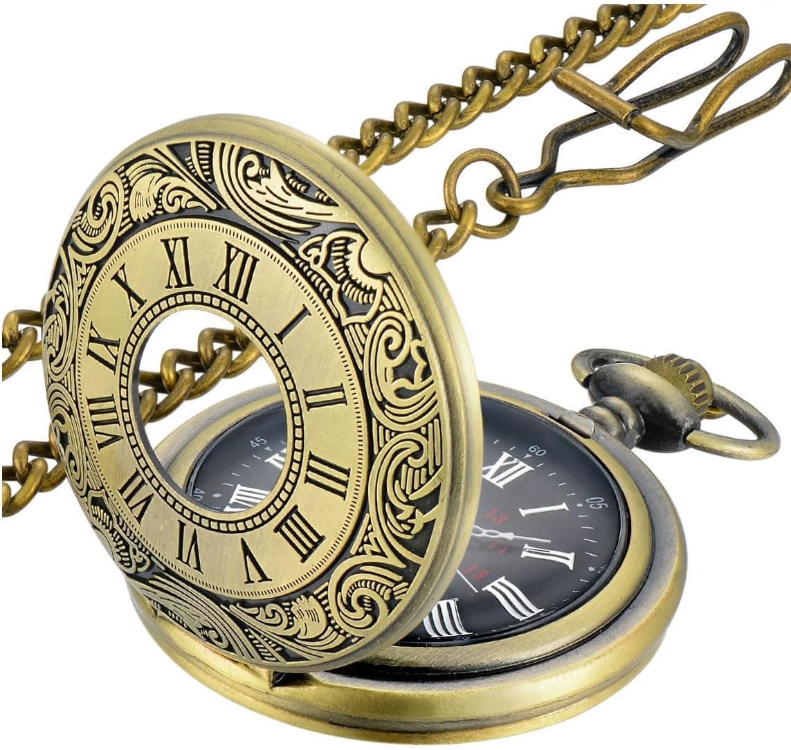 LYMFHCH Vintage Pocket Watch Roman Numerals Scale Quartz Pocket Watches with Chain Christmas Graduation Birthday Gifts Fathers Day