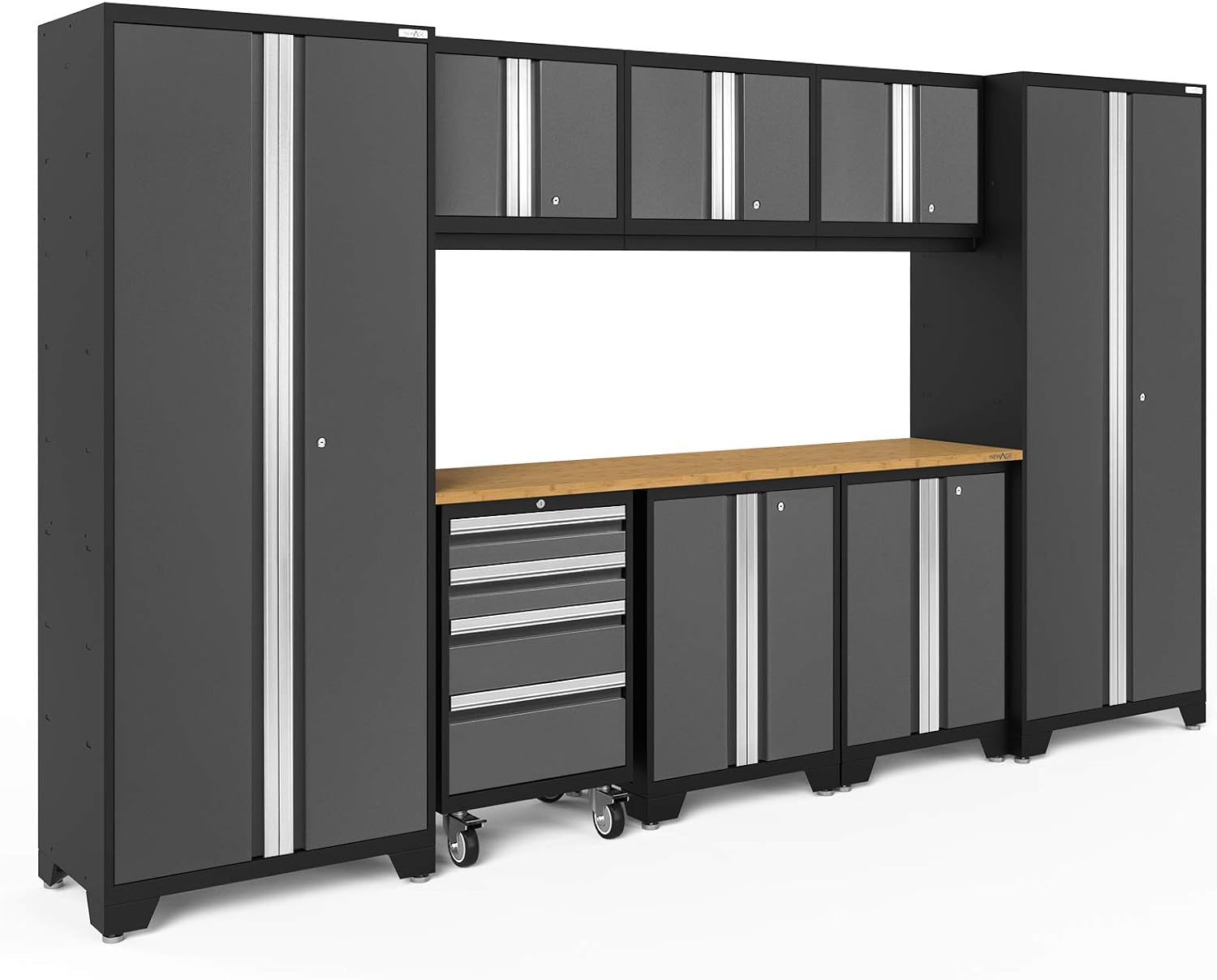 NewAge Products Garage Storage Cabinets Steel Bold Series 9 Piece Sets Includes Bamboo Worktop, Multi-Use lockers, Wall, Base and Rolling Tool Cabinets, Gray, 50408