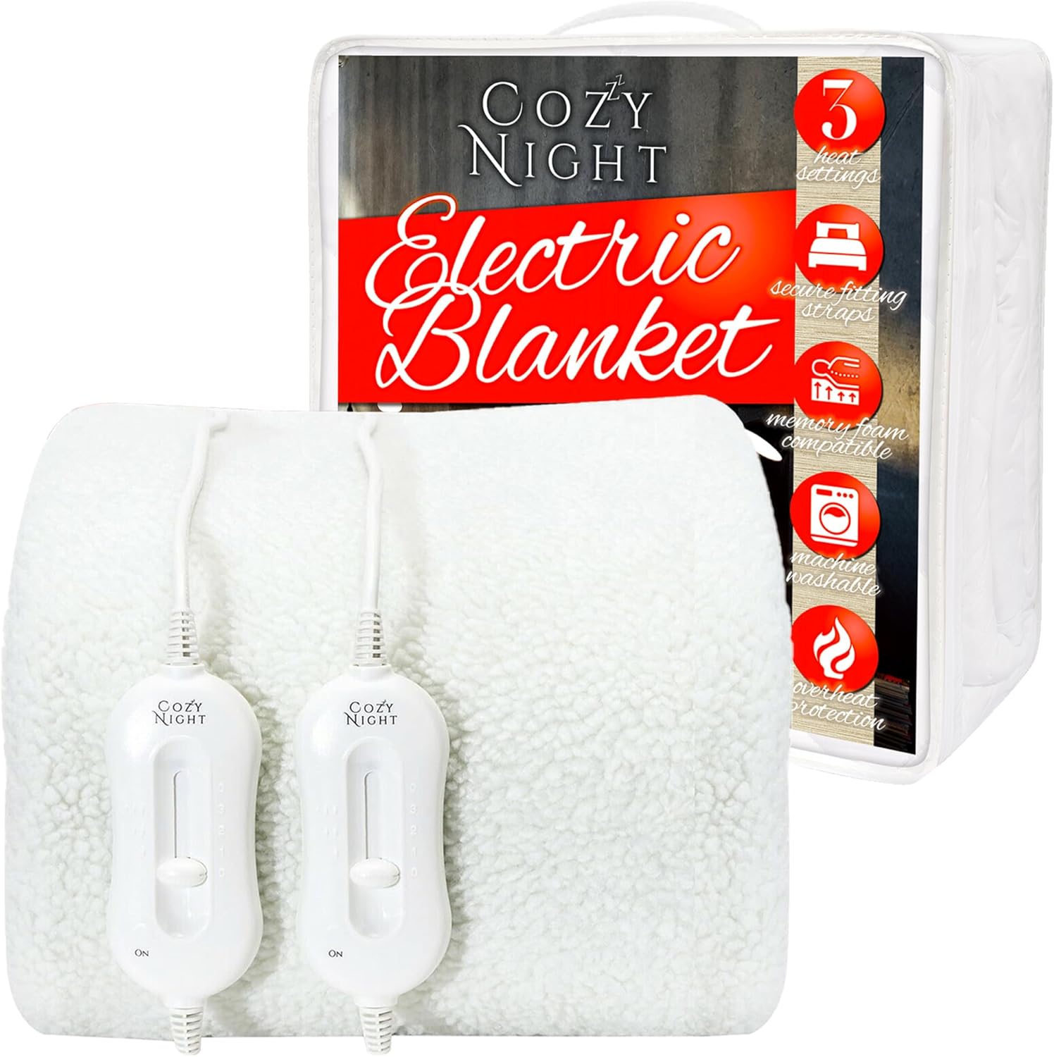 Cozy Night Electric Blanket Superking Size Mattress Cover, Dual Control with 3 Heat Settings, Easy Fit, Luxury Fleece, Machine Washable, Overheat Protection, W182 x L200cm (Super King)