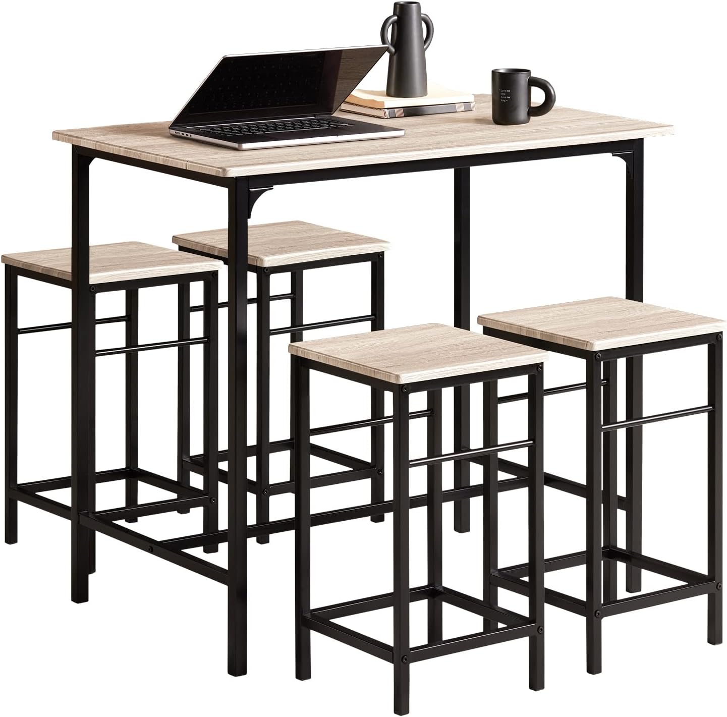 SoBuy Breakfast Bar Table and Stools Set 5-Piece Kitchen Dining Set with High Table & 4 Stools Space Saving Compact Bar Furniture for Small Kitchens and Flats OGT11-N