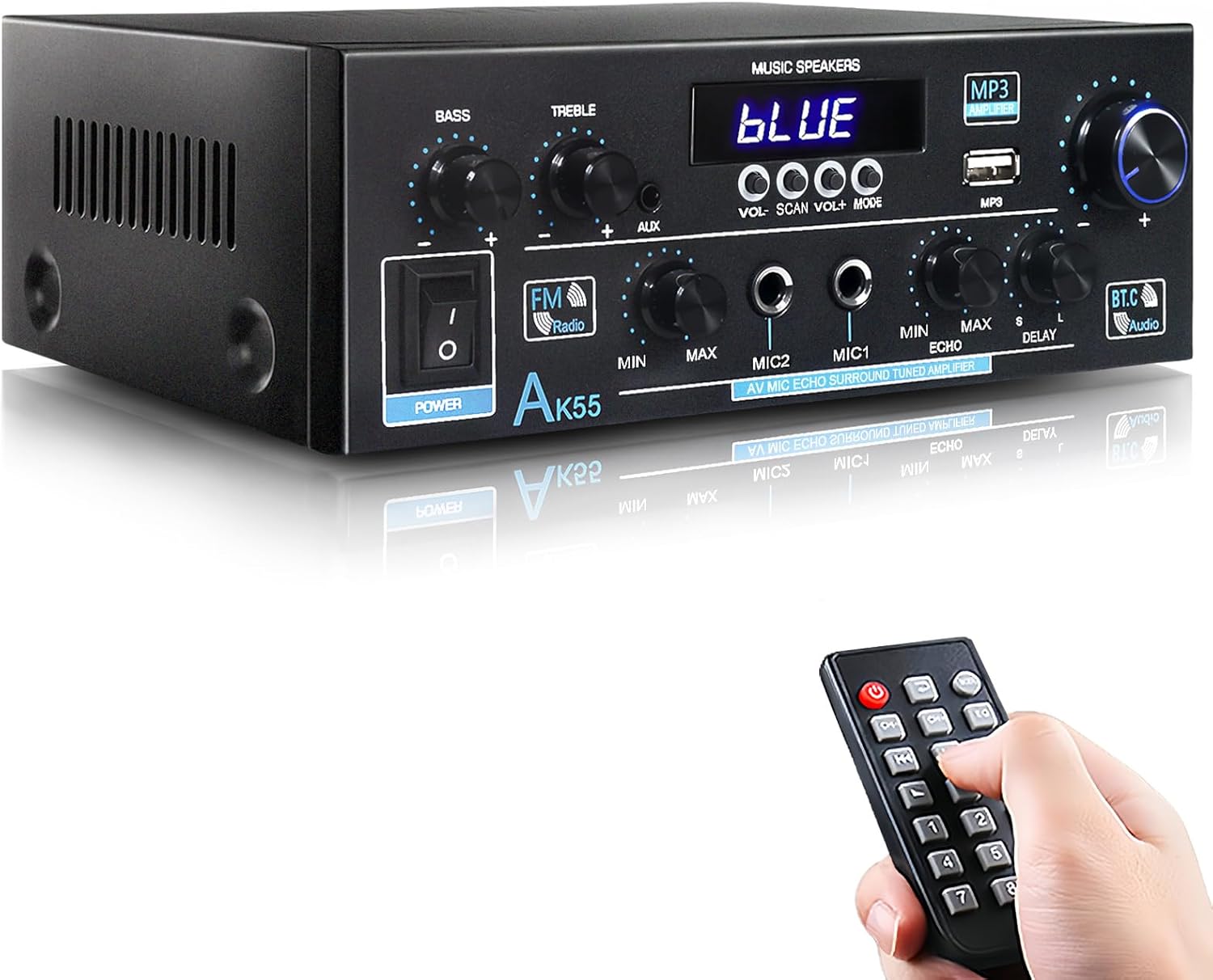AK55 Stereo Amplifier Home Audio, Bluetooth 5.0 Max 450W Power Stereo Receivers 2.0 Channel Audio Amplifier for Speaker W/Remote Control/AUX/RCA/Echo/USB/2 MIC in for Home Party, Karaoke