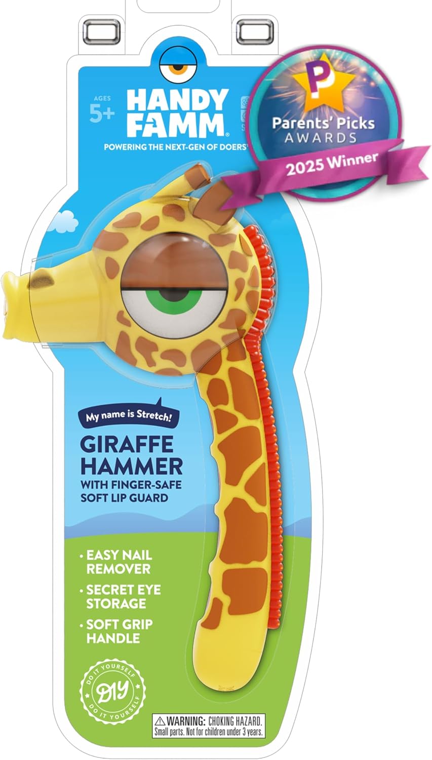 Real Metal Giraffe Hammer for Kids, Patented Safety Mouth Sleeve and Nail Remover, STEM DIY Tool for Children Ages 5 and Up, Yellow