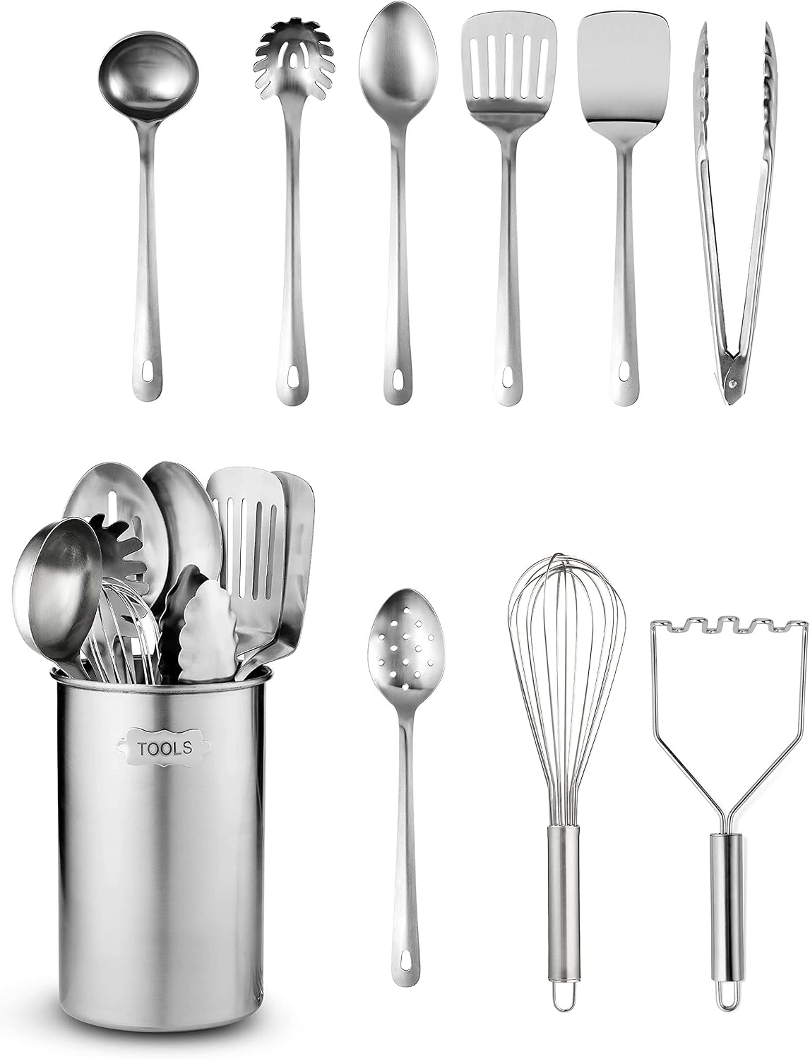Stainless Steel Kitchen Utensils Set - 10 Piece Premium Nonstick & Heat Resistant Cooking Utensil Set with Turner, Spaghetti Server, Ladle, Serving Spoons, Whisk, Tongs, Potato Masher & Utensil Holder