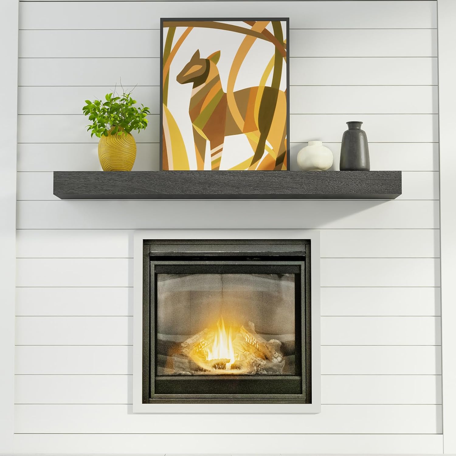 48-Inch Fireplace Mantel Shelf - Modern Farmhouse Solid Wood Floating Shelf|Heavy Duty Hidden Brackets for TV|Waterproof for Living Room|Electric Fireplace & Bathroom |Matte Black