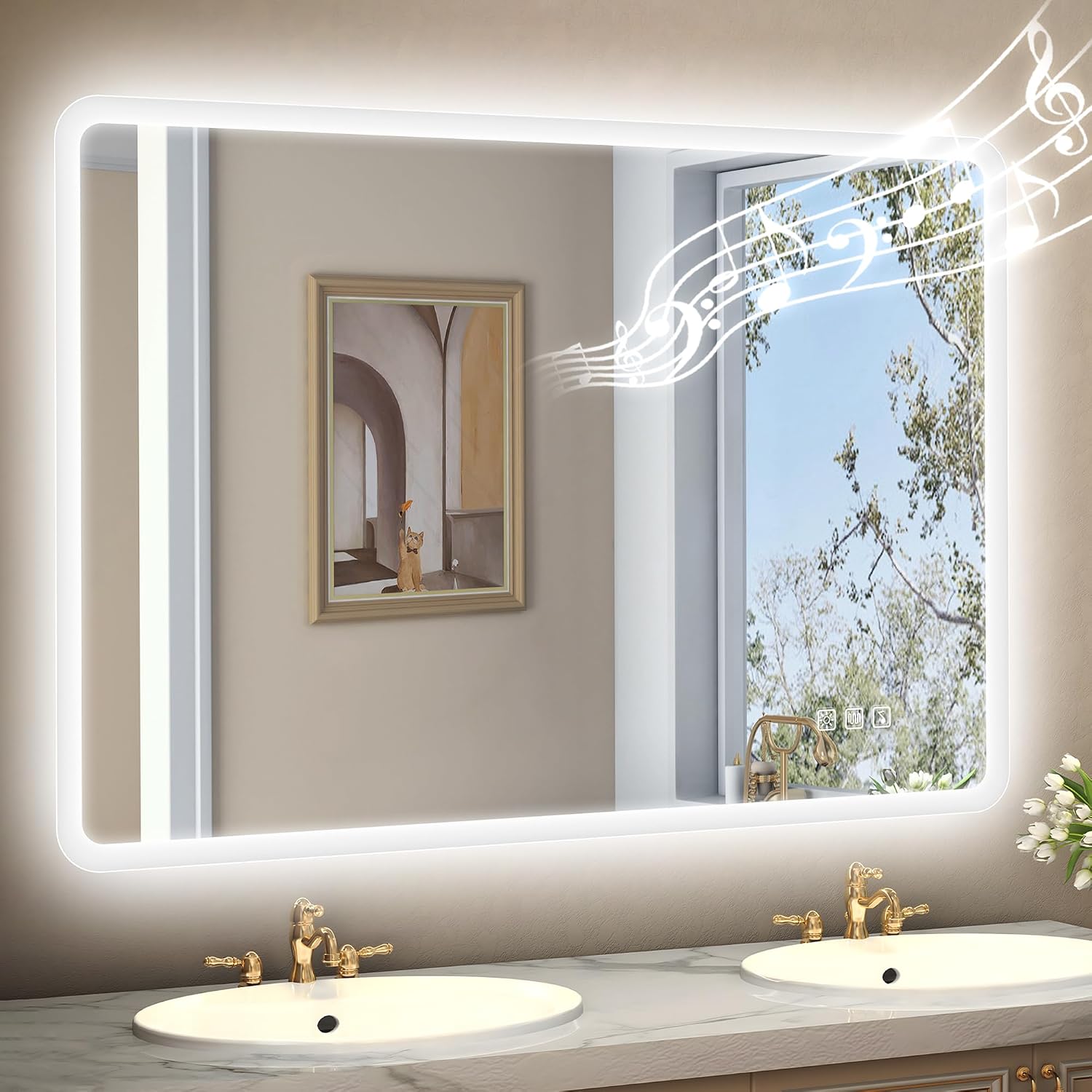 28"x36" LED-Bathroom-Mirror-with-Lights, Wall-Mounted with Bluetooth Speaker, Anti-Fog, 3 Color Temperature, Dimmable Brightness, Waterproof, Tempered Glass, Frontlit & Backlit