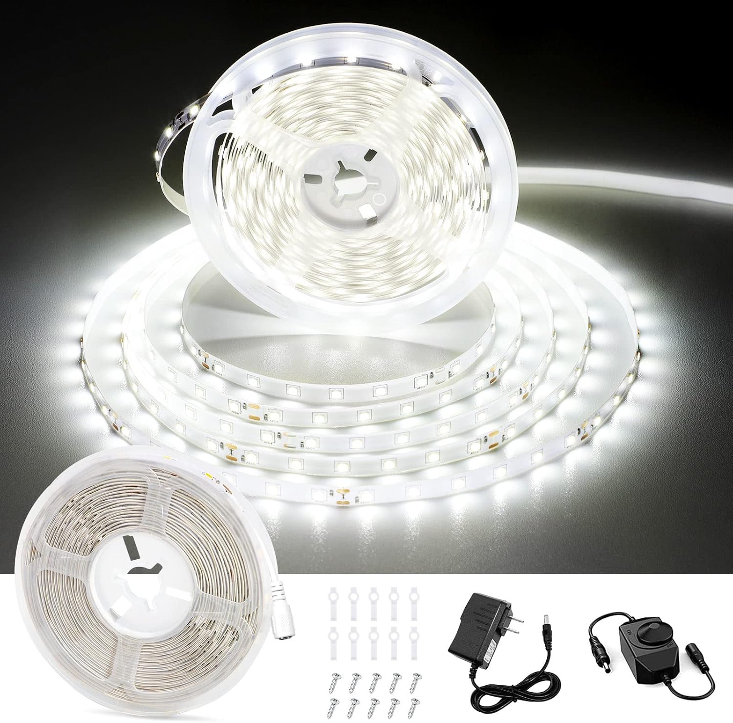 CT CAPETRONIX White LED Strip Light, 32.8 Feet 24 Volt LED Light Strip White, 6000K-6500K Daylight Super Bright LED Tape Light for Bedroom, Kitchen, Closet, Cabinet, Mirror, Indoor（Dimmer Included）