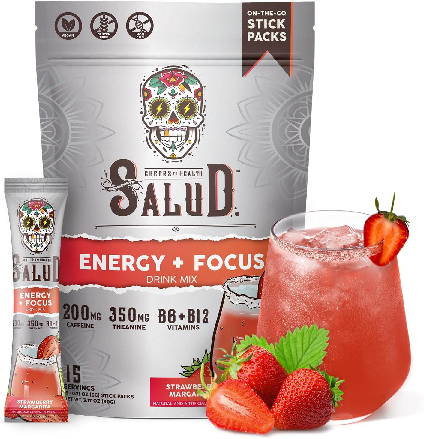 Salud 2-in-1 Energy Drink Powder + Focus, Strawberry Margarita, Organic Caffeine, B6 + B12, Theanine, Clean Energy Drink Packets, Agua Fresca Mix, Non-GMO, Gluten Free, Vegan, 1g of Sugar, (15 Servings)