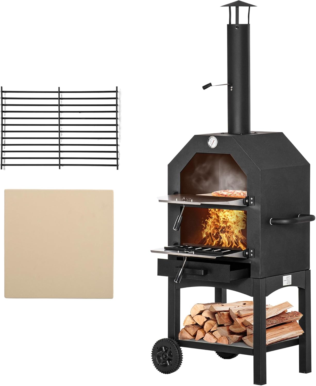 Outsunny Outdoor Garden Pizza Oven Charcoal BBQ Grill 3-Tier Freestanding w/Chimney, Mesh Shelf, Thermometer Handles, Wheels Garden Party Gathering Stainless Steel Cooker