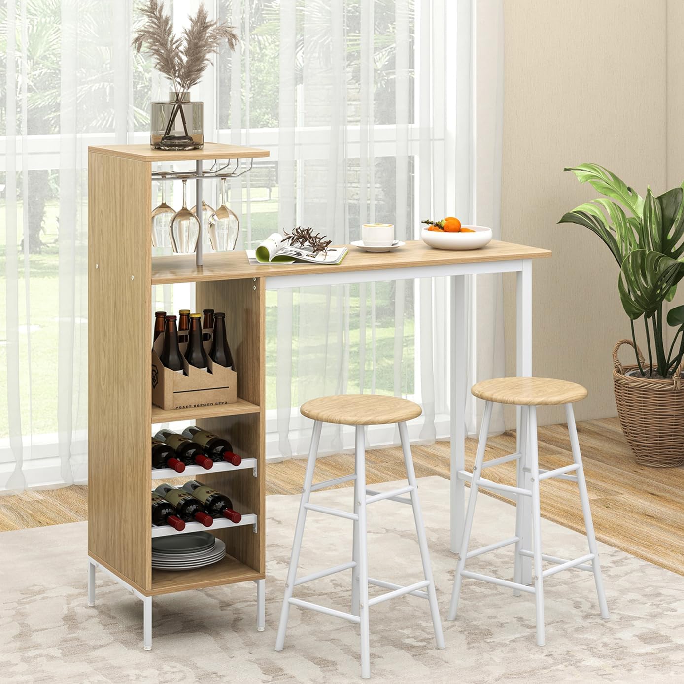 TANGZON 3 Pieces Bar Table Set, Steel Frame Dining Table and 2 Stools with Wine Racks, Glass Holders, Open Shelves & Footrest, Breakfast Dining Furniture Sets for Home Kitchen Pub Cafe (Natural)