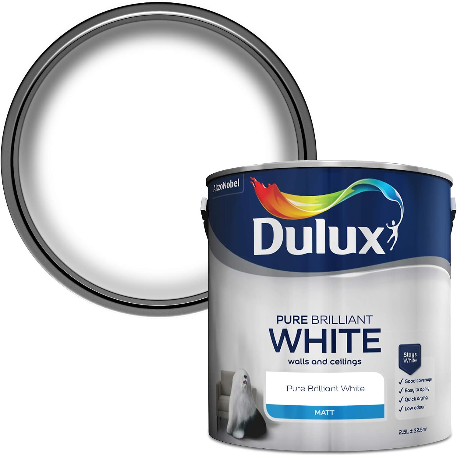 Dulux Matt Emulsion Paint For Walls And Ceilings - Pure Brilliant White 2. 5 Litres