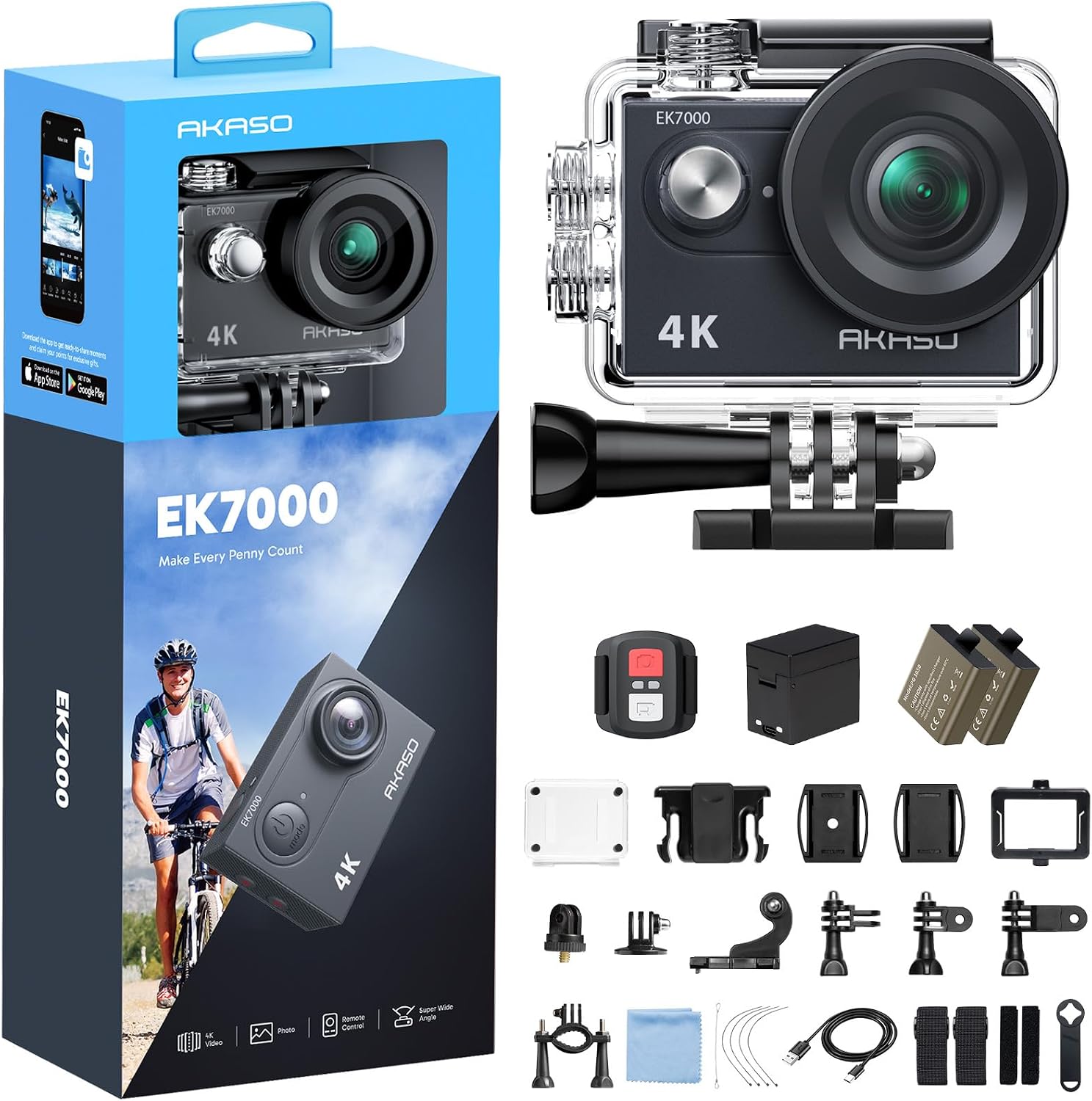 AKASO EK7000 Action Camera 4K30FPS 20MP Ultra HD Underwater Camera - Black