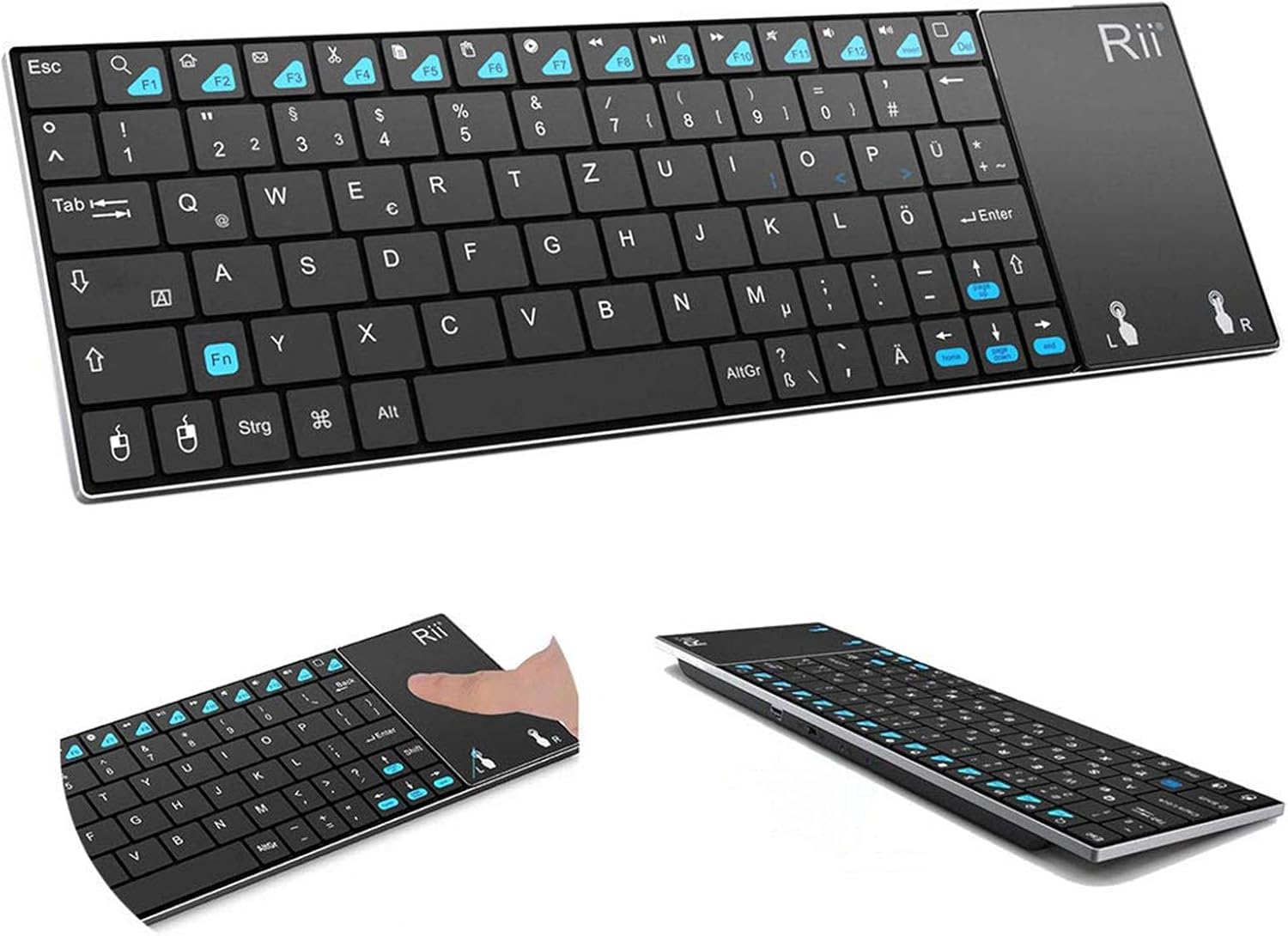 Rii K12+ Mini Wireless Keyboard with Large Touchpad Mouse&Qwerty Keypad, Stainless Steel Portable Wireless Keyboard with USB Receiver for MacBook/iPad/Tablet/PC/Laptop/Smart TV/Raspberry Pi - Black
