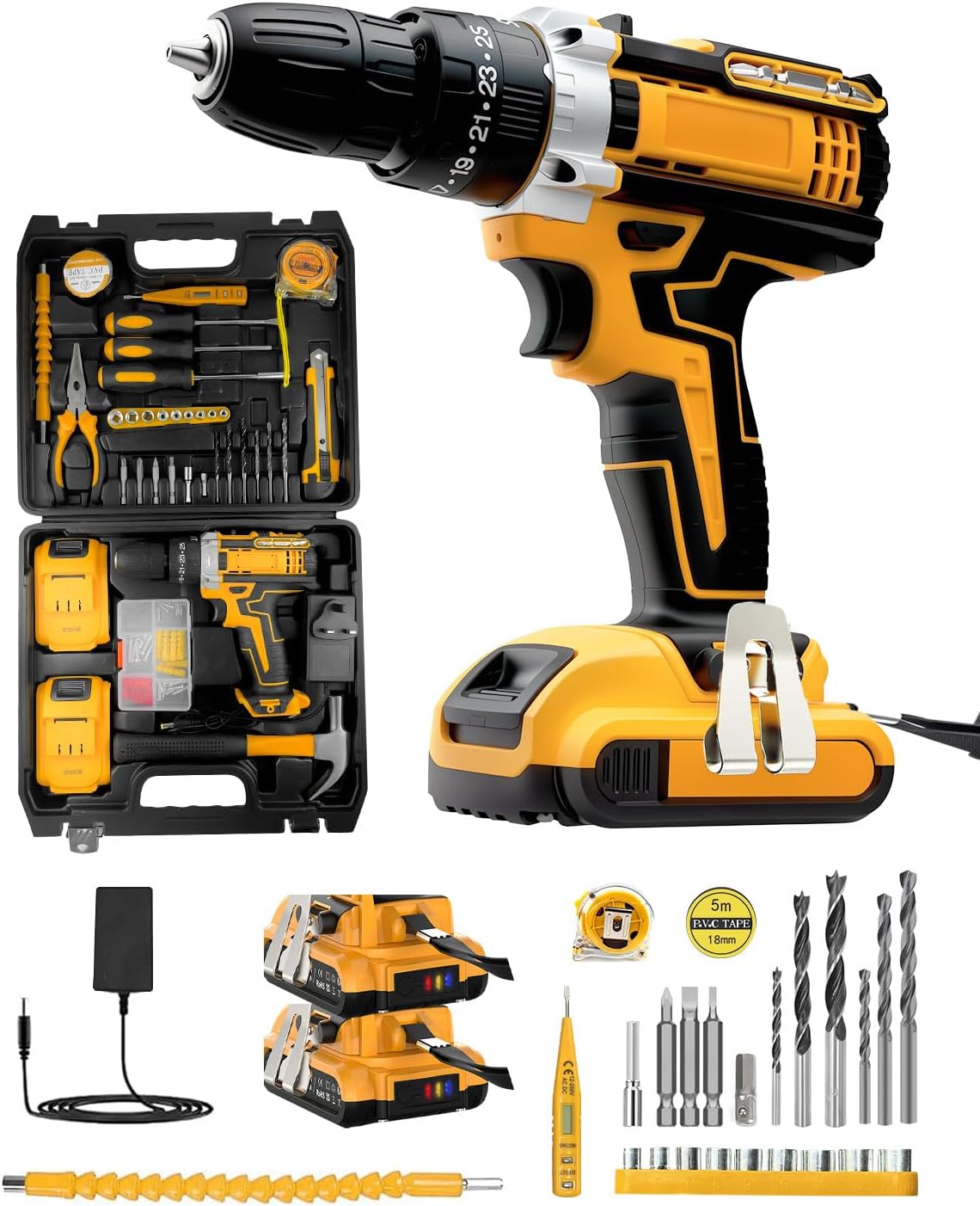 Cordless Drill Set 21V, 99PCS Electric Screwdriver Set with 2 Batteries 2000mAh, 25+3 Torque Cordless Hammer Drill, 42N.m Max, 2 Speed, LED Work Light for Home and Garden DIY Project, Yellow